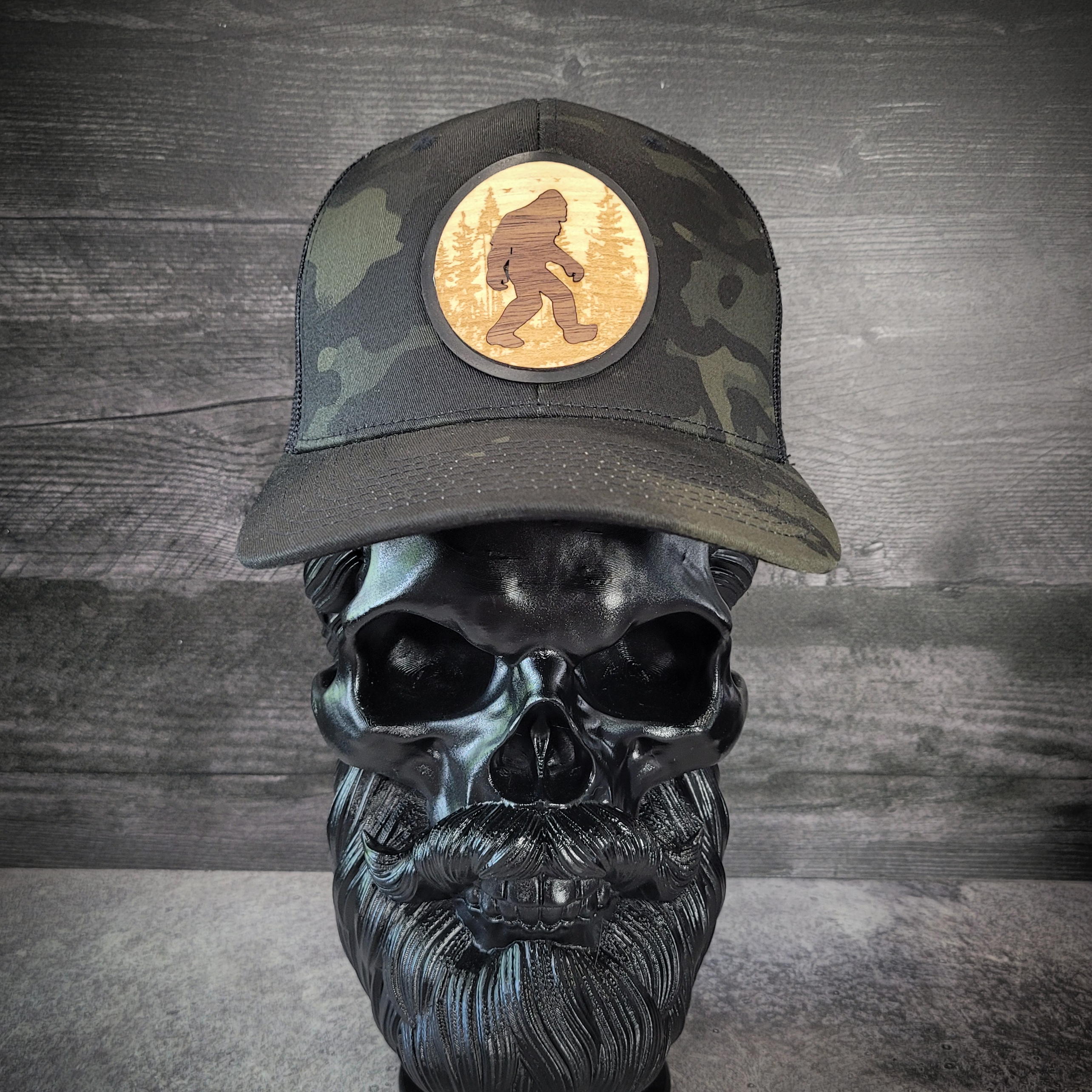 🦶🌲 The Hide & Seek Champion – Bigfoot Wooden Patch Trucker Hat