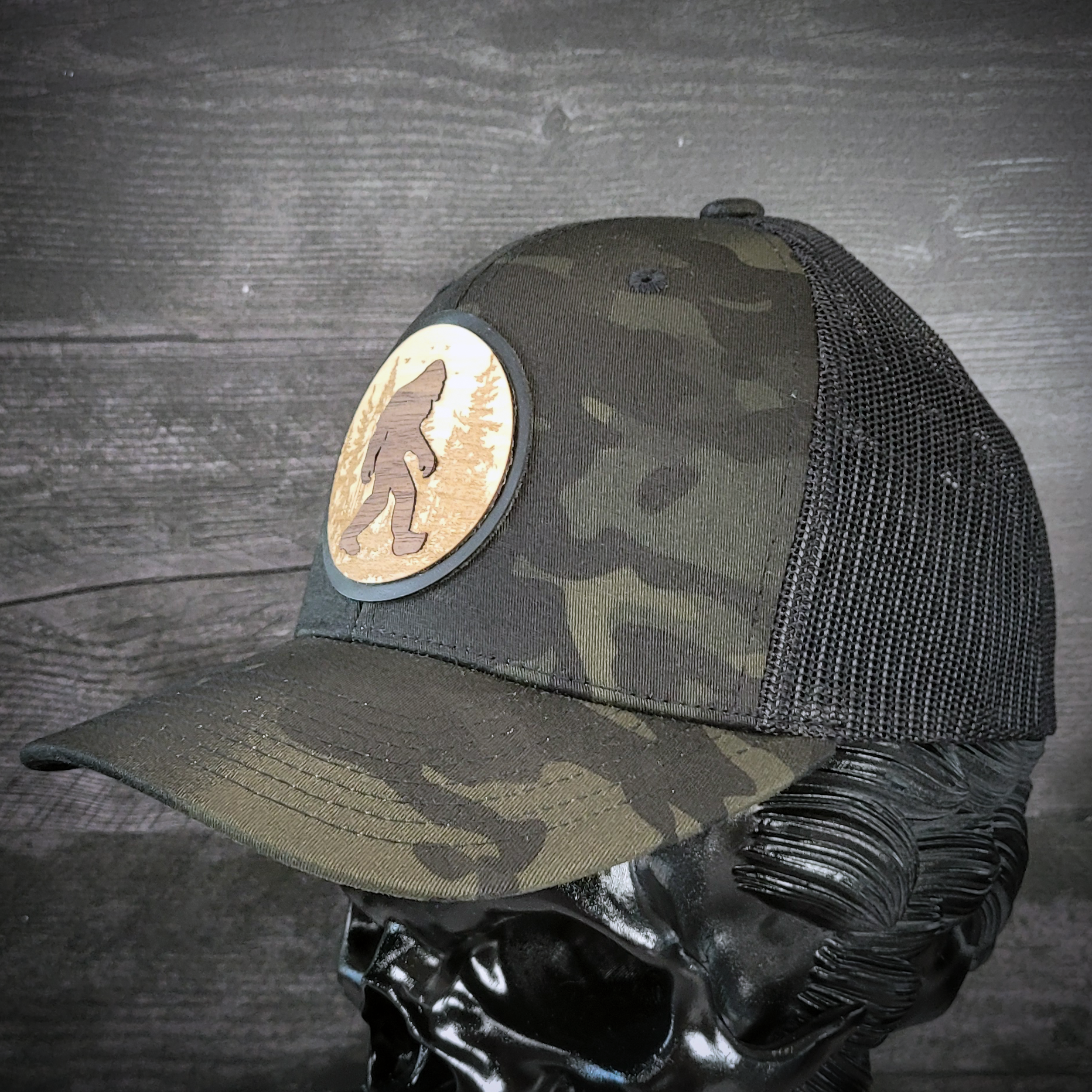 🦶🌲 The Hide & Seek Champion – Bigfoot Wooden Patch Trucker Hat