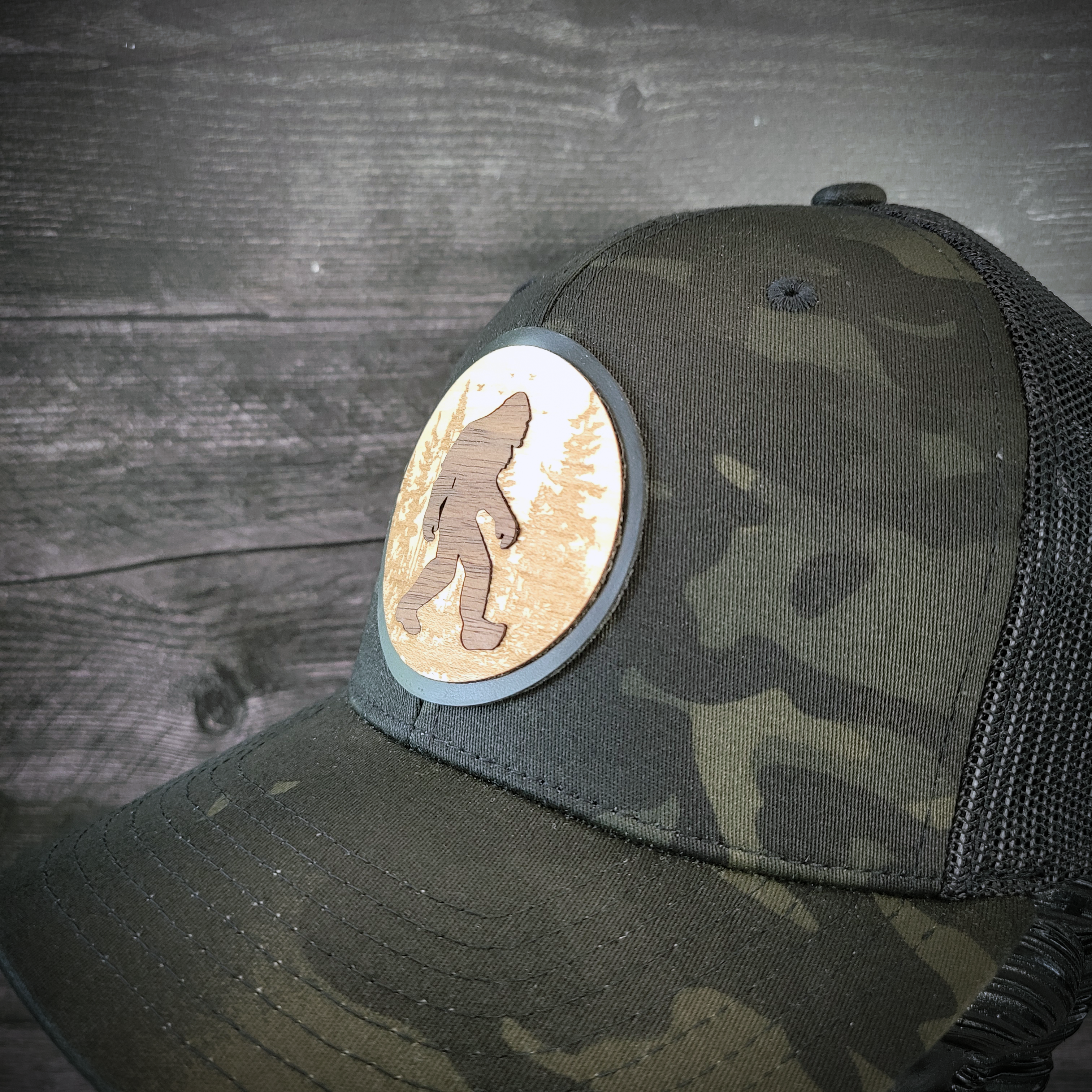 🦶🌲 The Hide & Seek Champion – Bigfoot Wooden Patch Trucker Hat