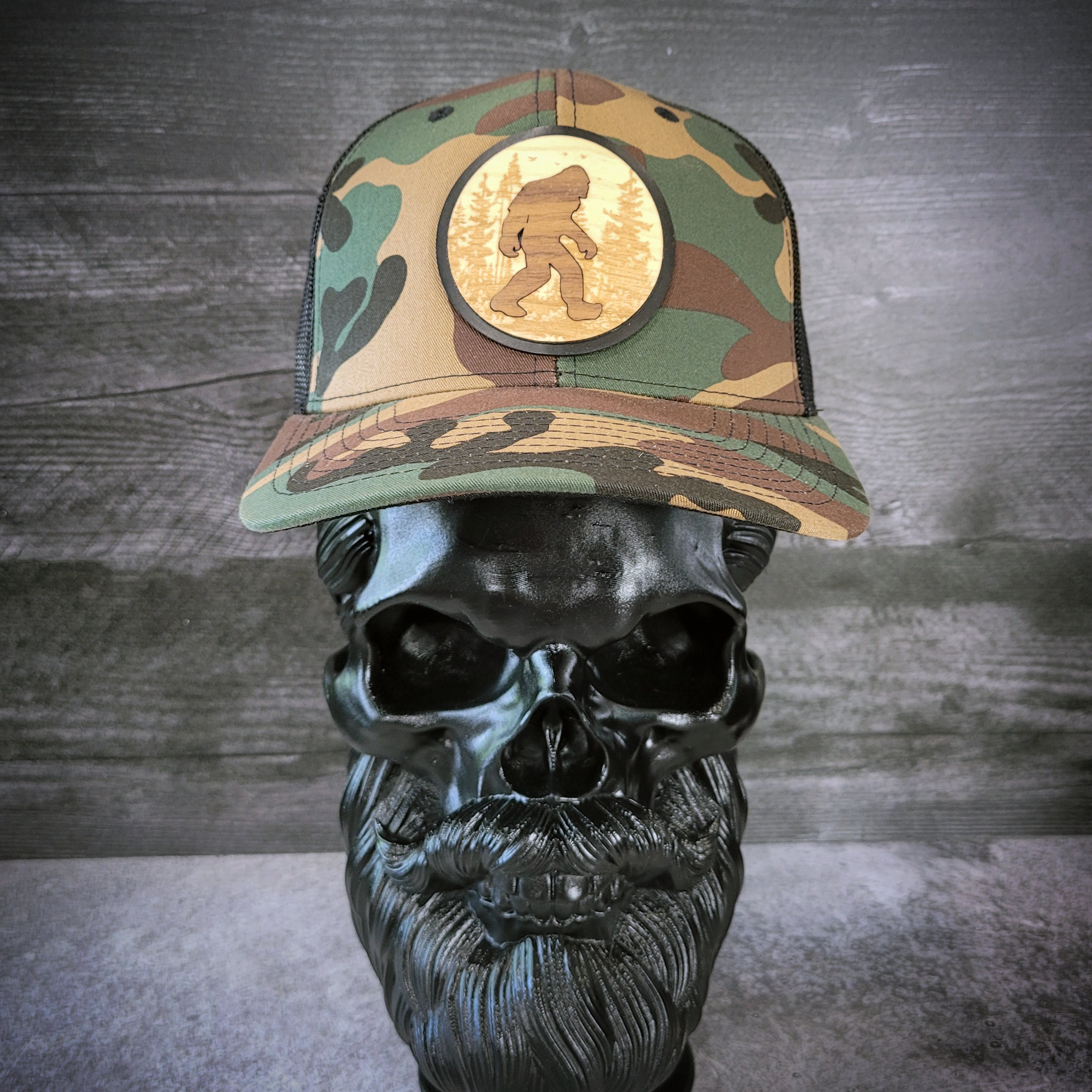 🦶🌲 The Hide & Seek Champion – Bigfoot Wooden Patch Trucker Hat