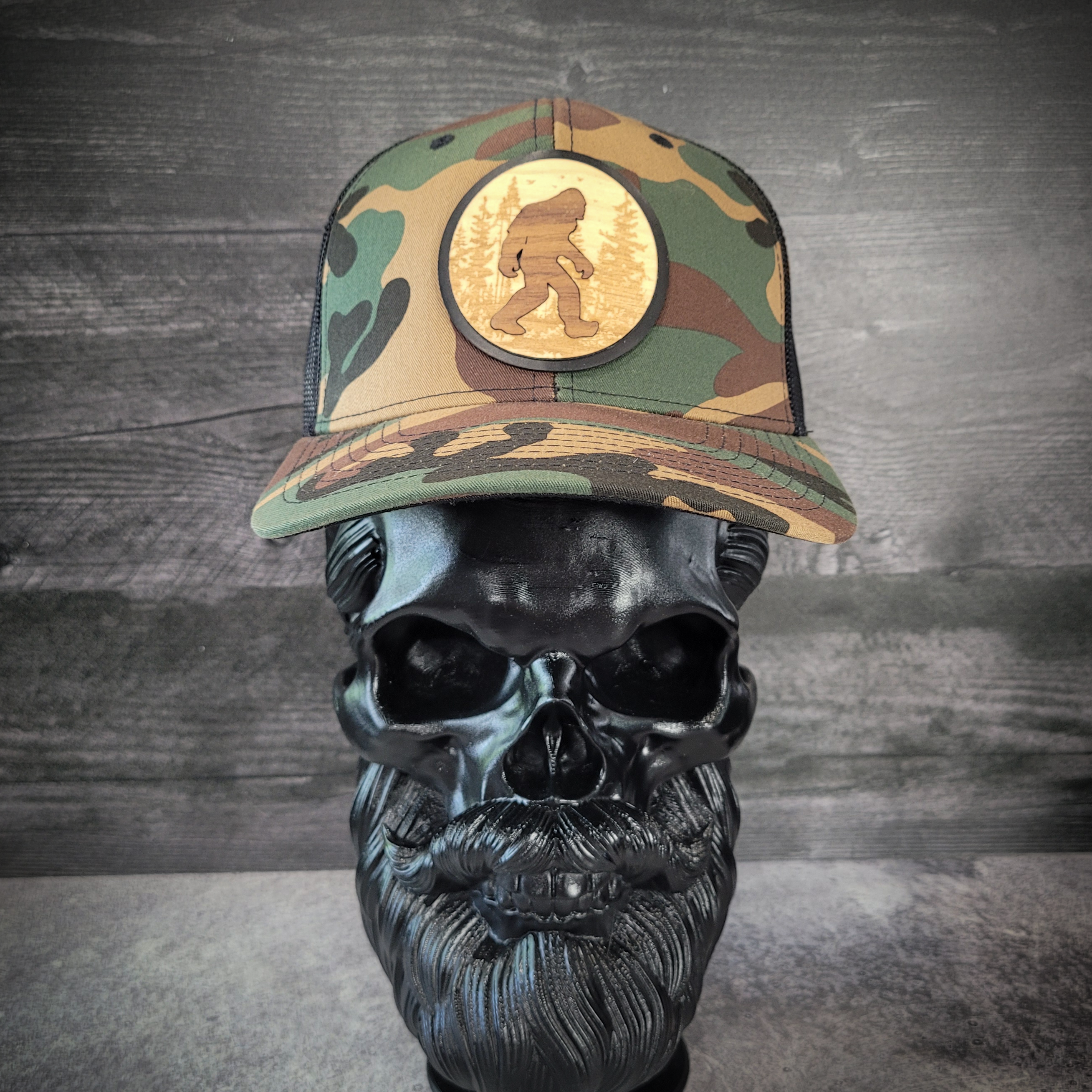 🦶🌲 The Hide & Seek Champion – Bigfoot Wooden Patch Trucker Hat