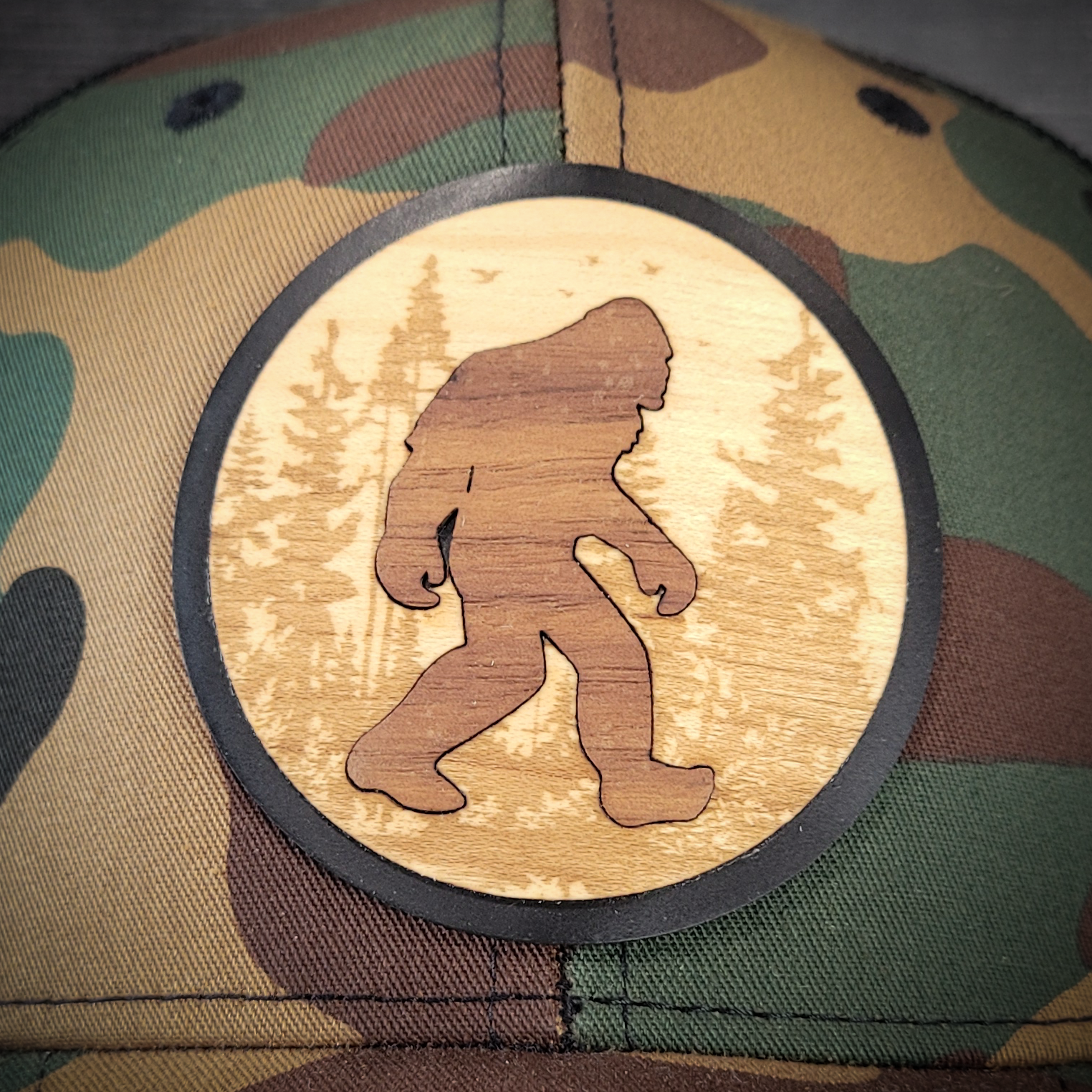 🦶🌲 The Hide & Seek Champion – Bigfoot Wooden Patch Trucker Hat