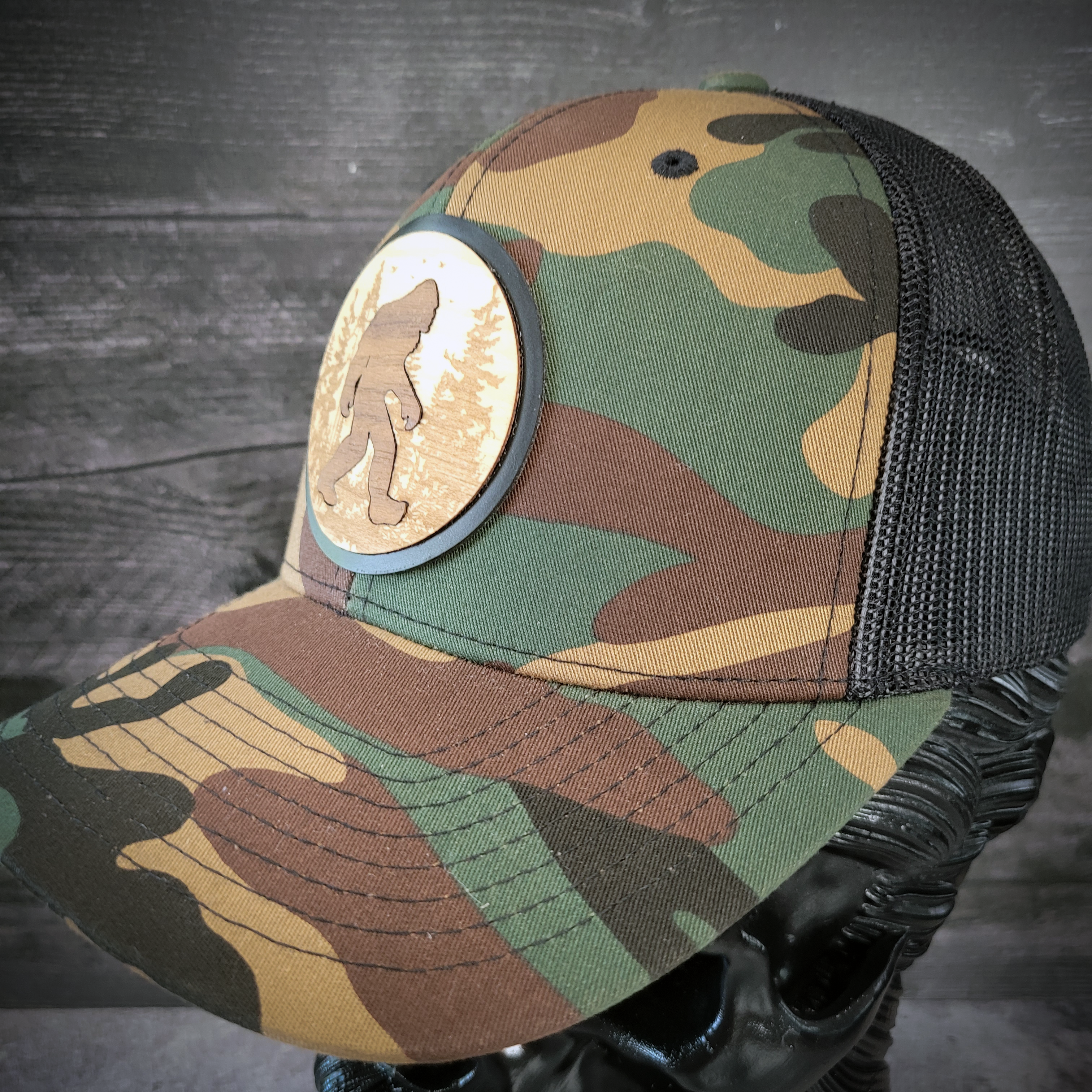 🦶🌲 The Hide & Seek Champion – Bigfoot Wooden Patch Trucker Hat