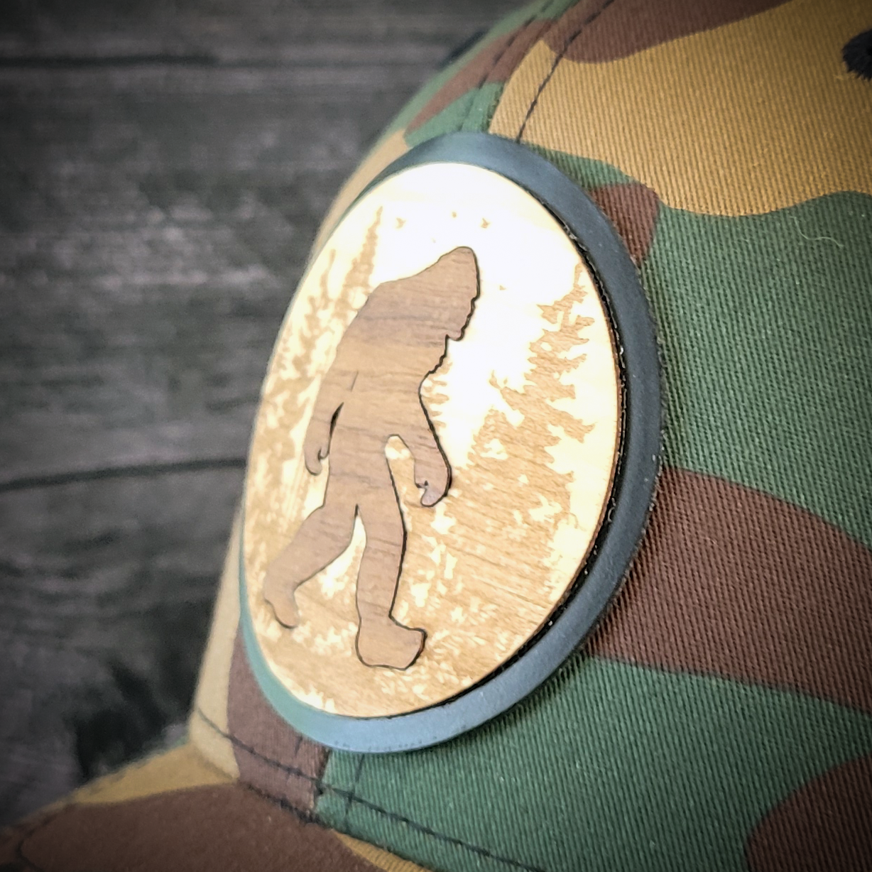 🦶🌲 The Hide & Seek Champion – Bigfoot Wooden Patch Trucker Hat