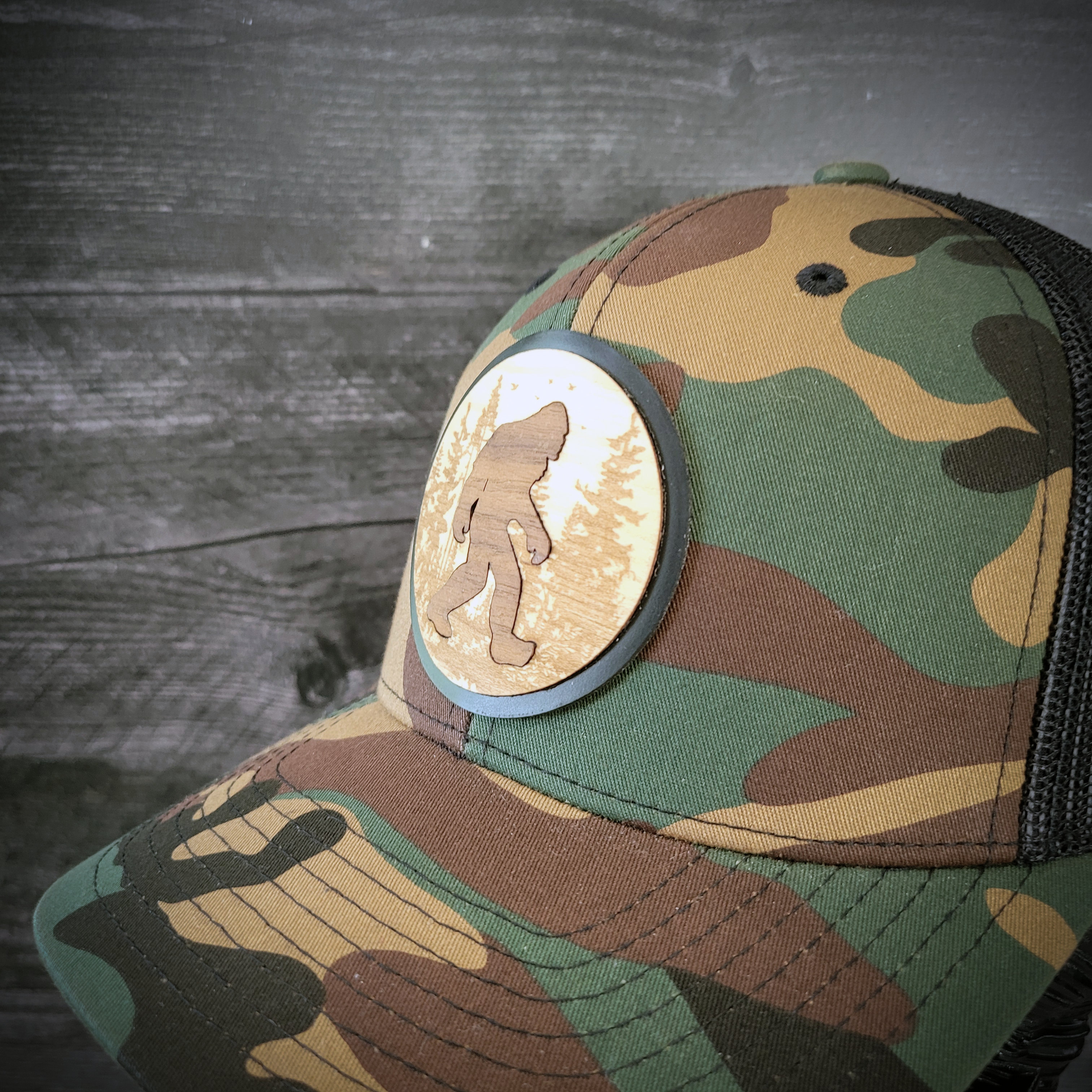 🦶🌲 The Hide & Seek Champion – Bigfoot Wooden Patch Trucker Hat