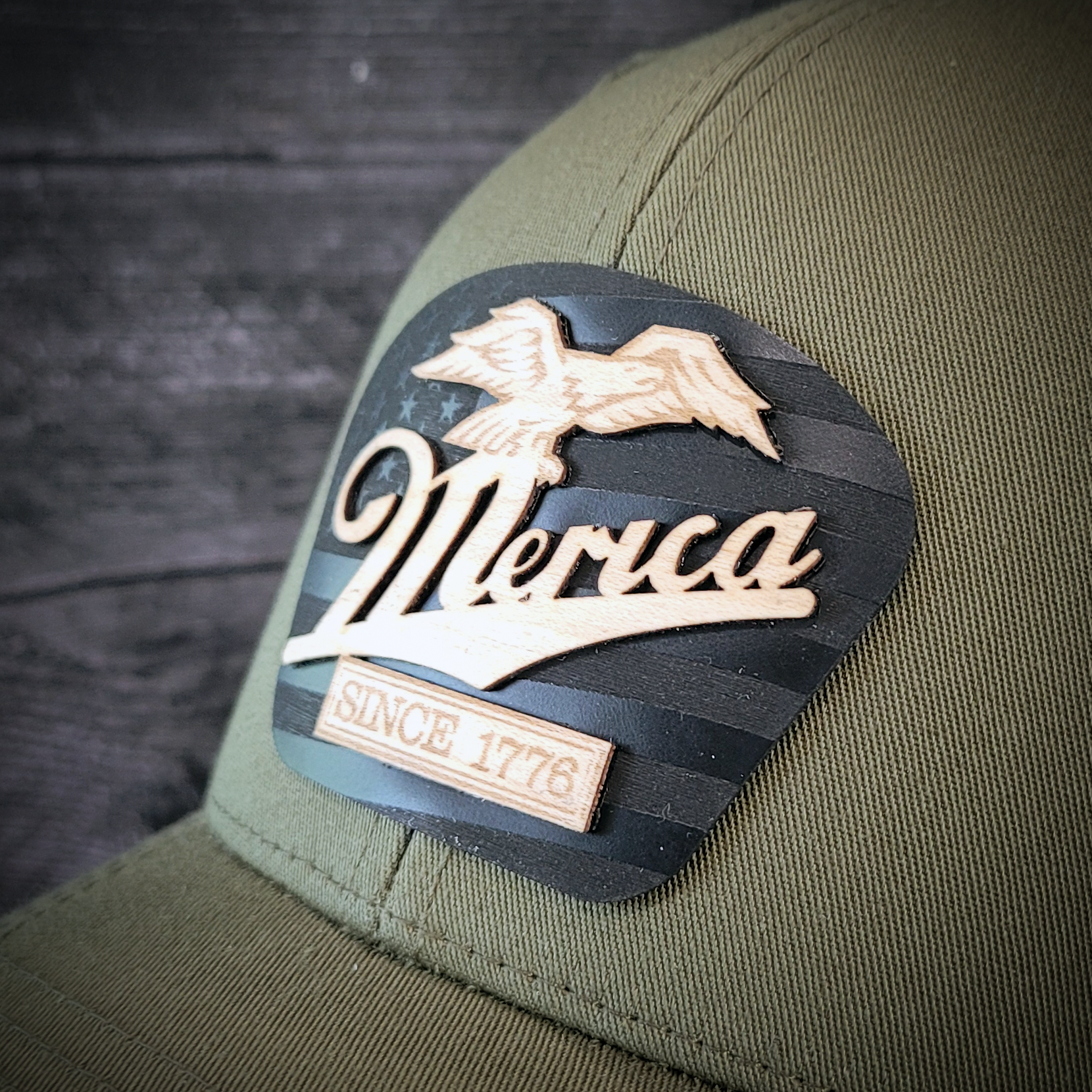 🦅 ‘Merica – Patriotic Wooden Patch Trucker Hat