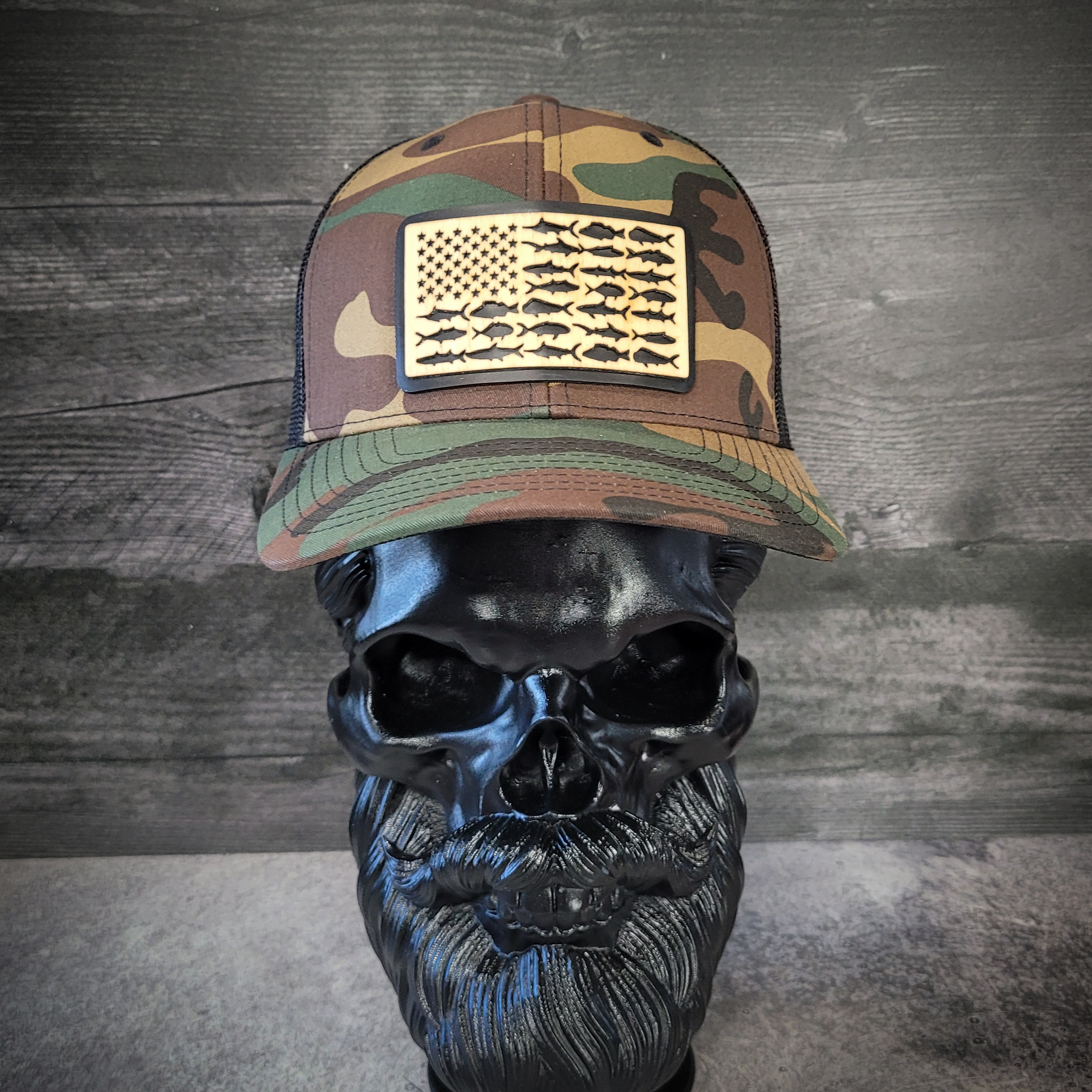 🎣 The American Angler – Wooden Patch Trucker Hat