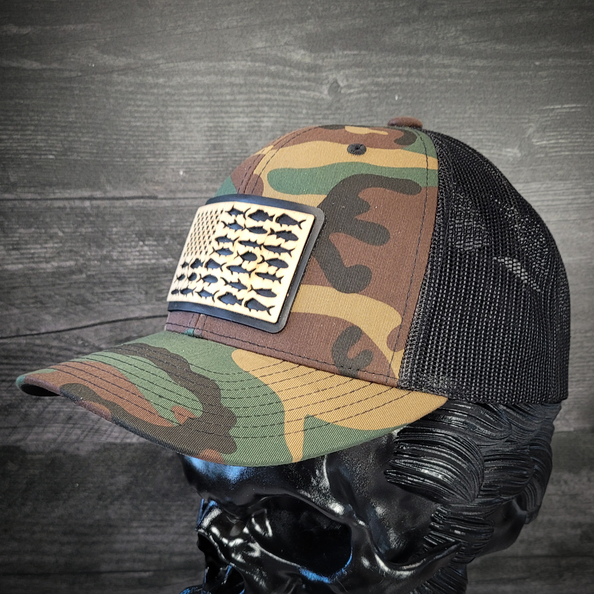 🎣 The American Angler – Wooden Patch Trucker Hat