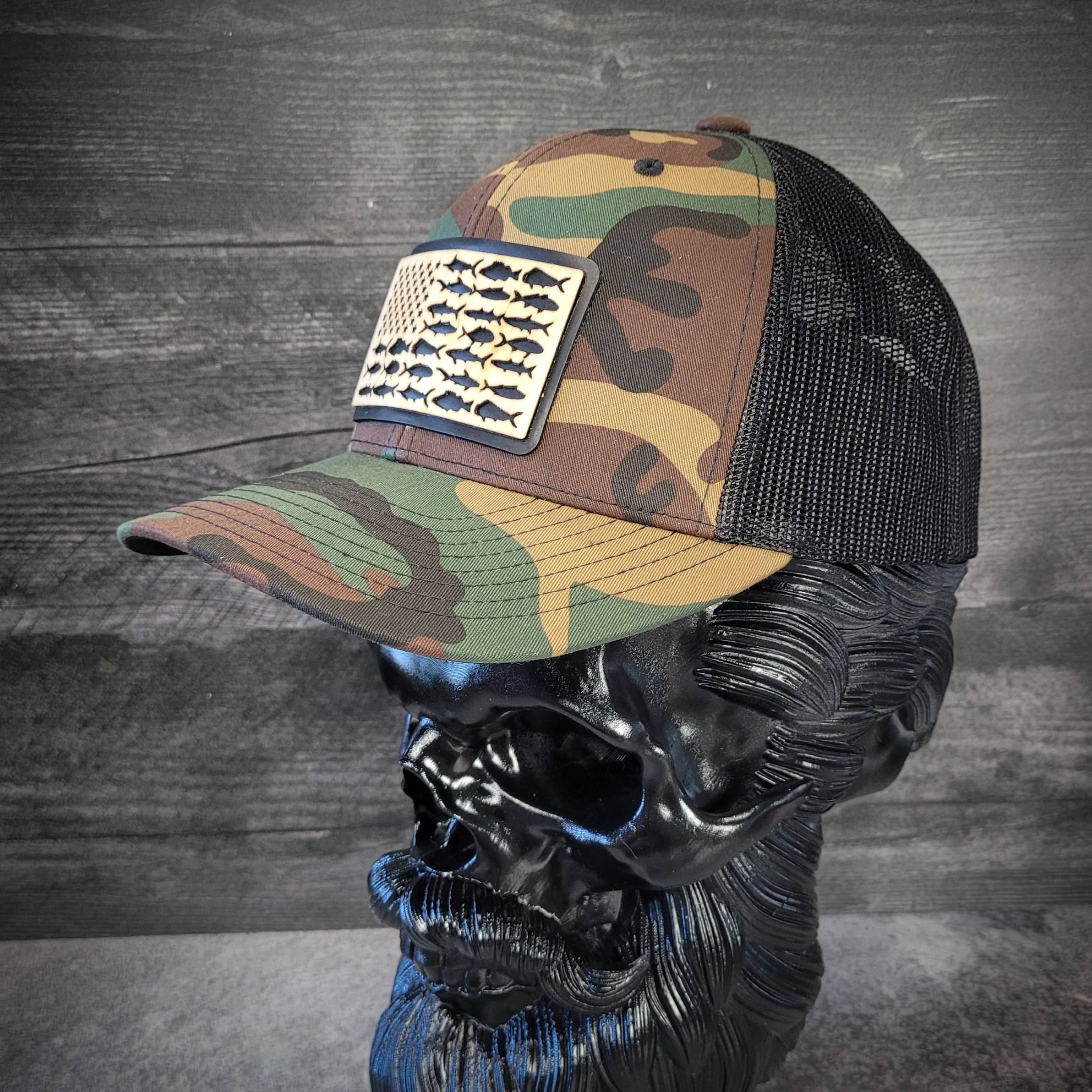 🎣 The American Angler – Wooden Patch Trucker Hat