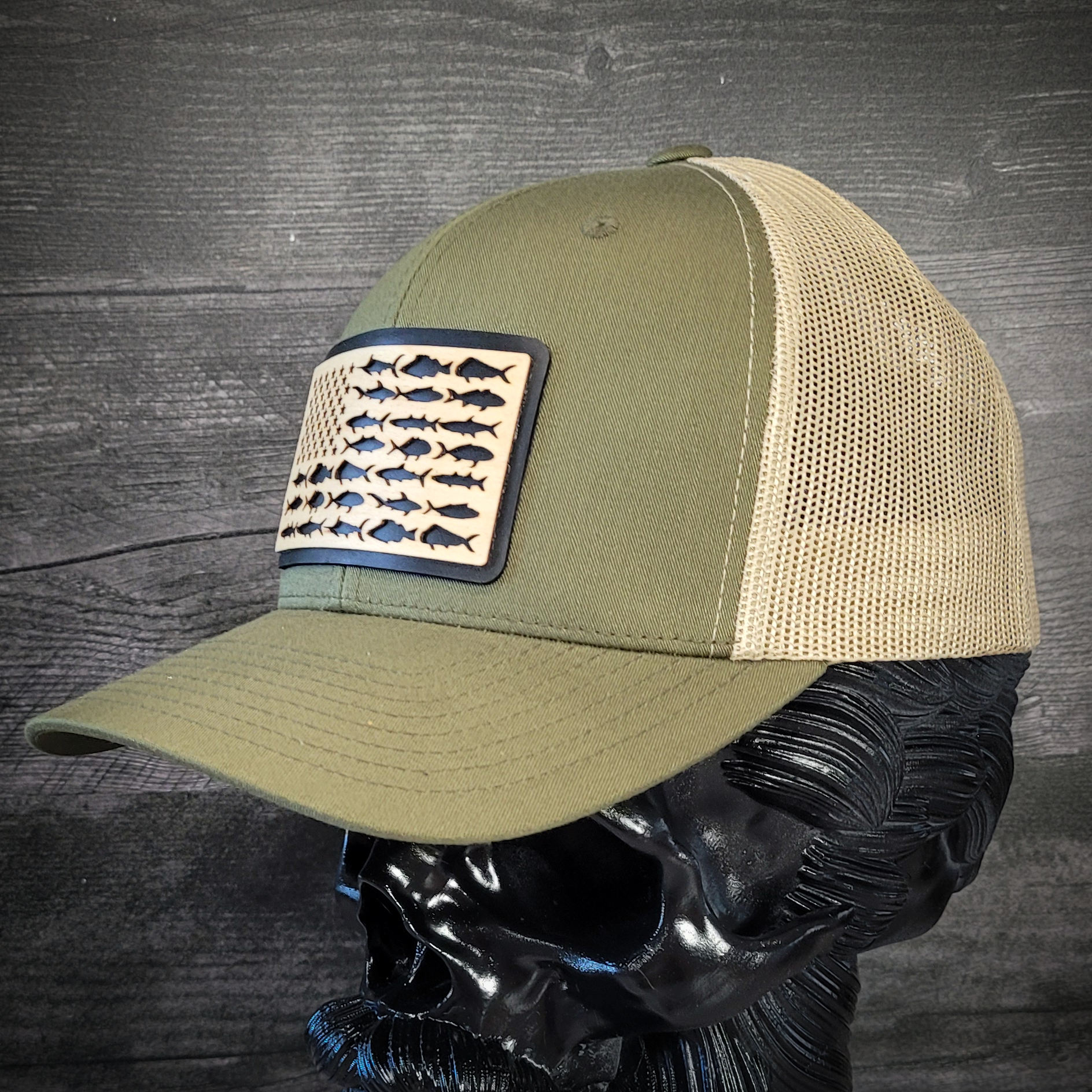🎣 The American Angler – Wooden Patch Trucker Hat