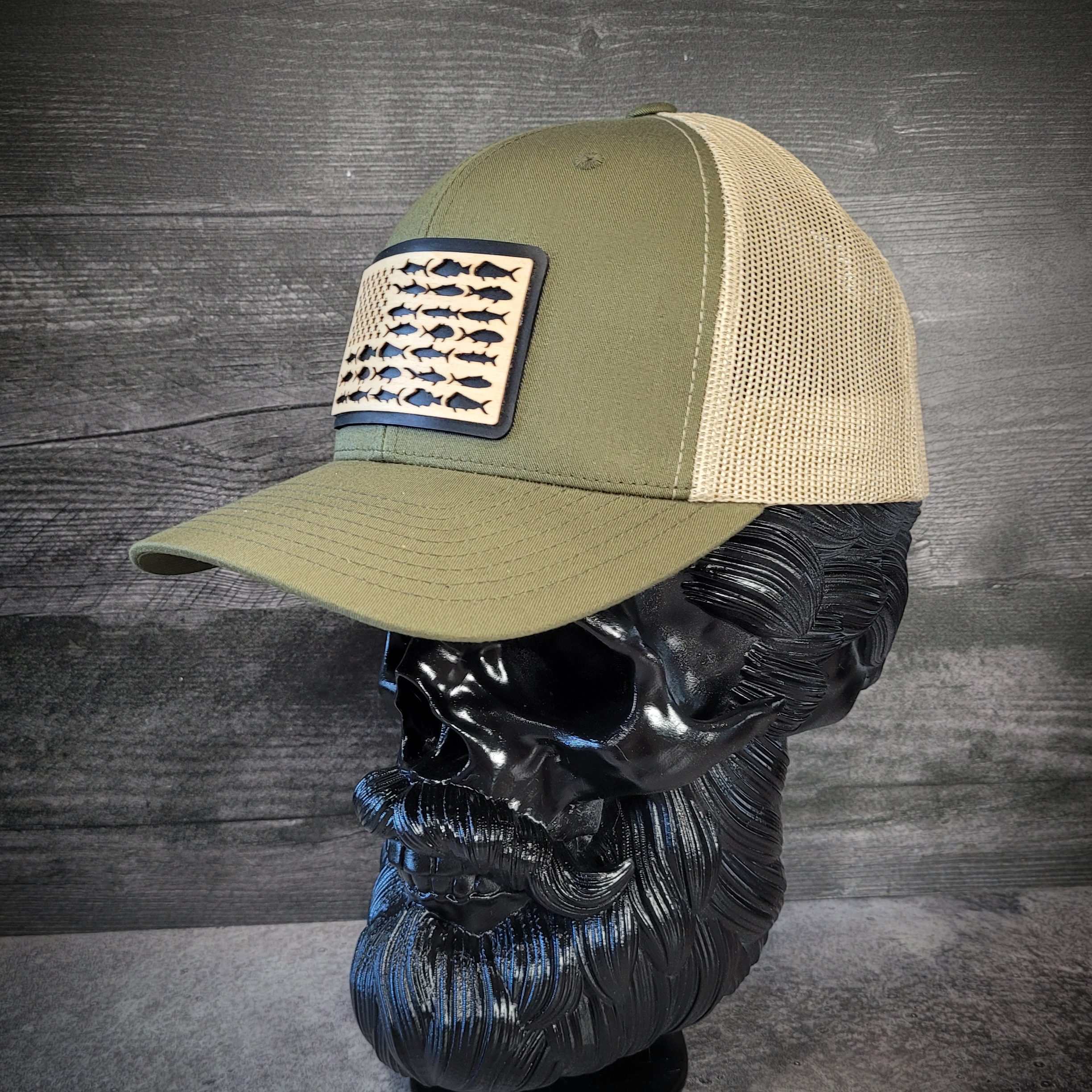 🎣 The American Angler – Wooden Patch Trucker Hat