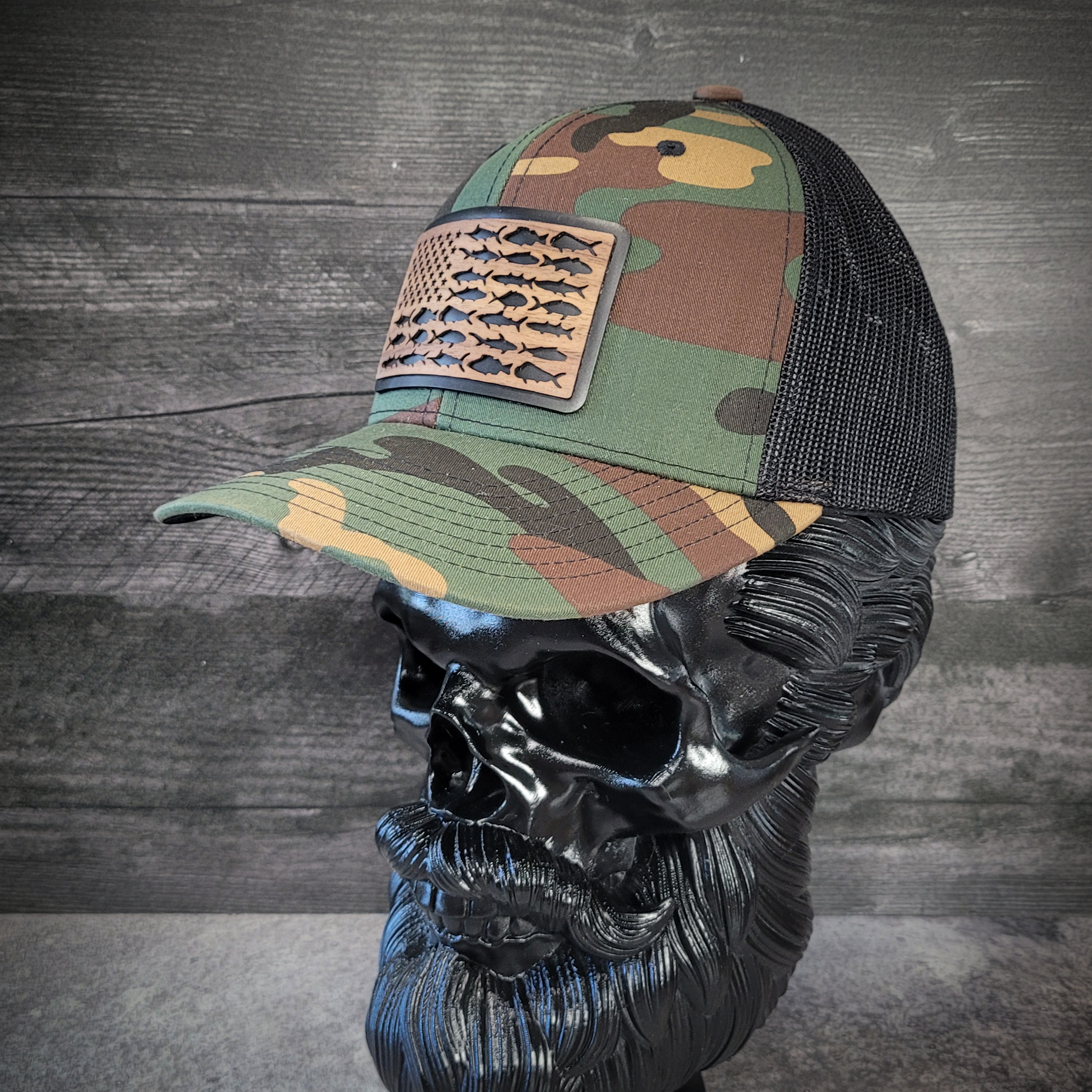 🎣 The American Angler – Wooden Patch Trucker Hat