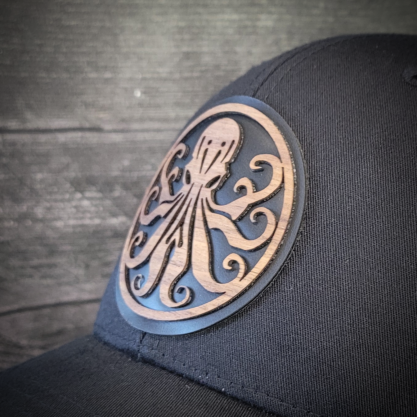 🐙 Octopus Wooden Patch Trucker Hat – Handcrafted Hardwood Statement Gear