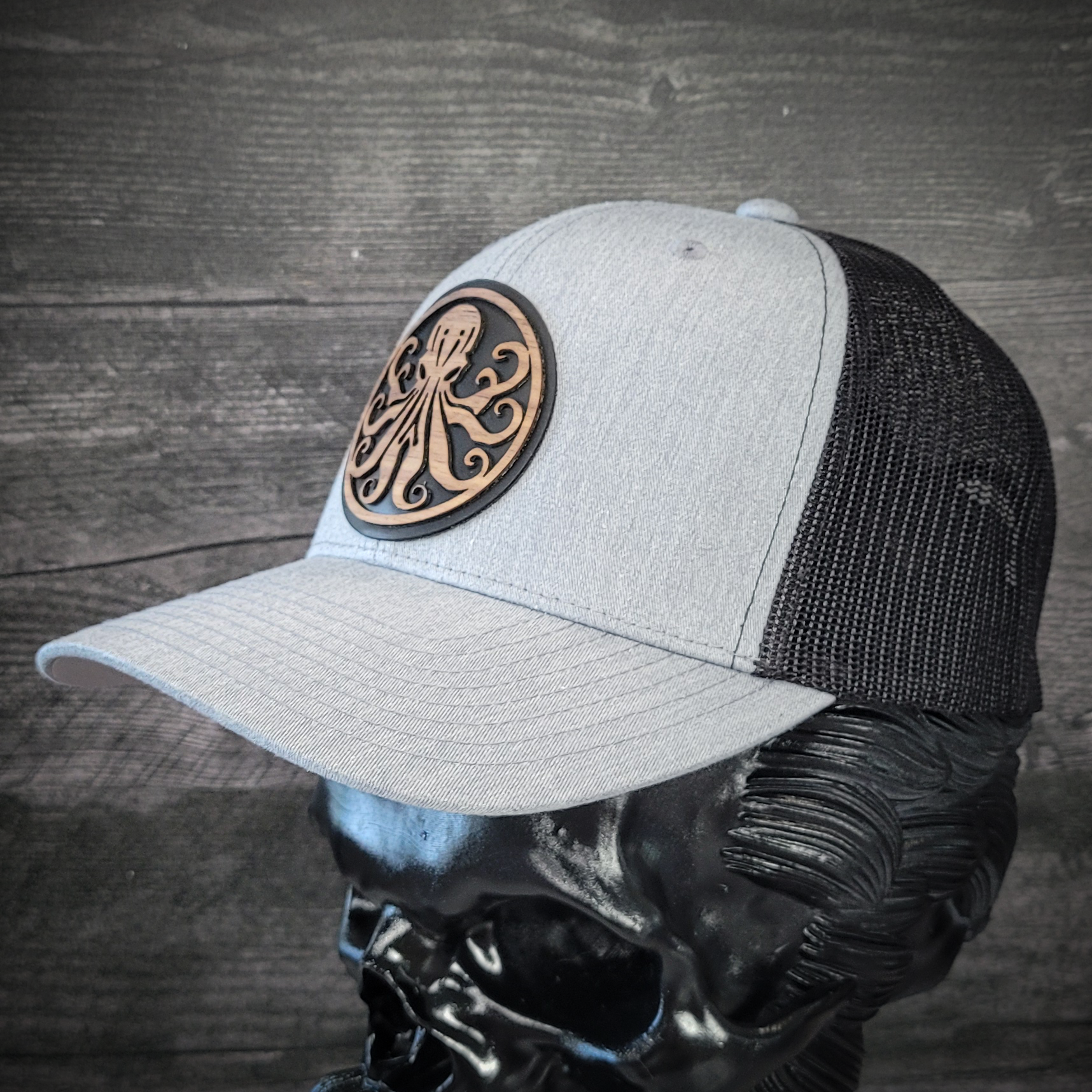 🐙 Octopus Wooden Patch Trucker Hat – Handcrafted Hardwood Statement Gear