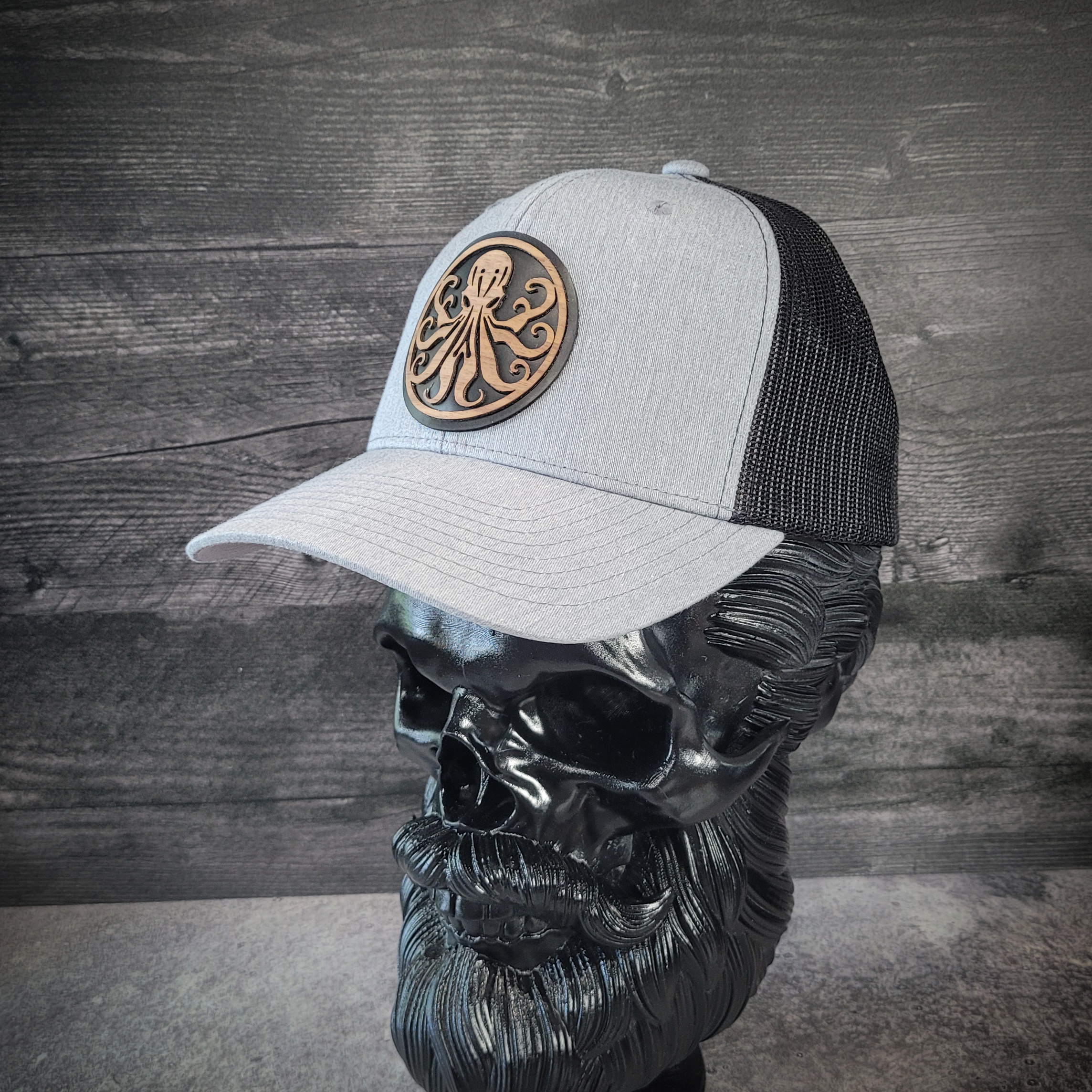 🐙 Octopus Wooden Patch Trucker Hat – Handcrafted Hardwood Statement Gear