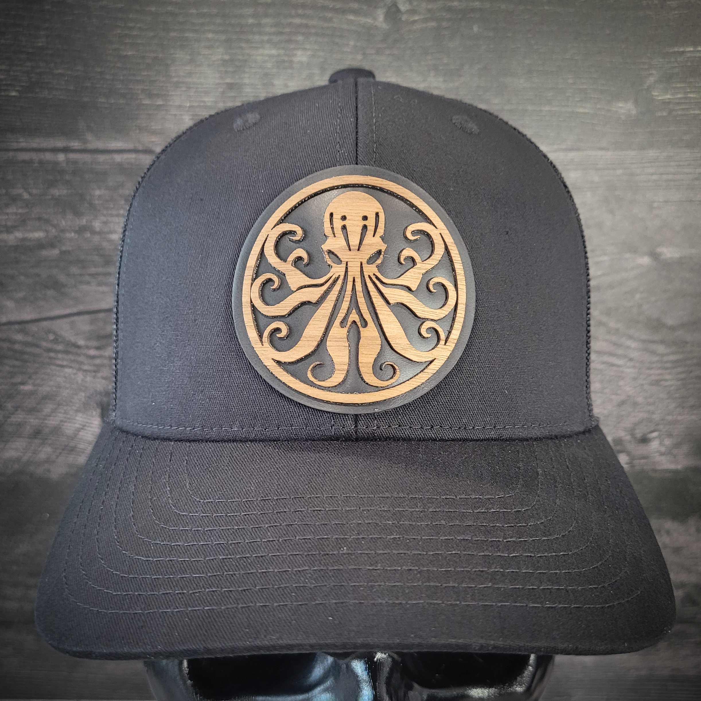 🐙 Octopus Wooden Patch Trucker Hat – Handcrafted Hardwood Statement Gear