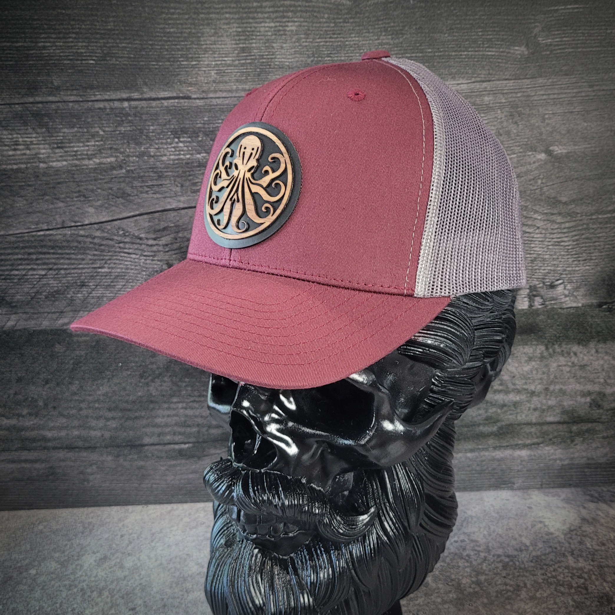 🐙 Octopus Wooden Patch Trucker Hat – Handcrafted Hardwood Statement Gear