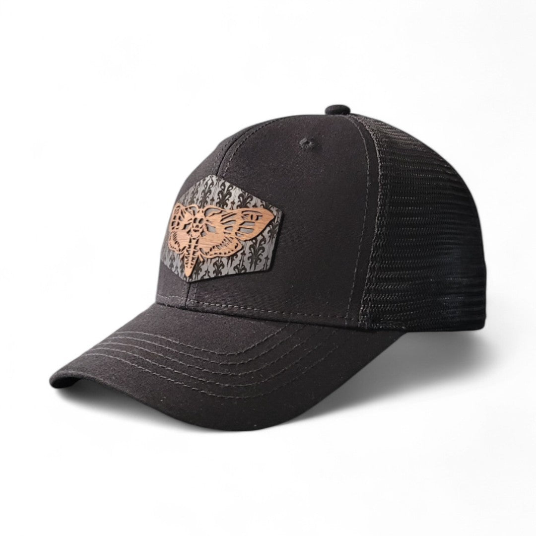đŚMidnight Moth â Womenâs Ponytail Hat â Wooden Patch Hat