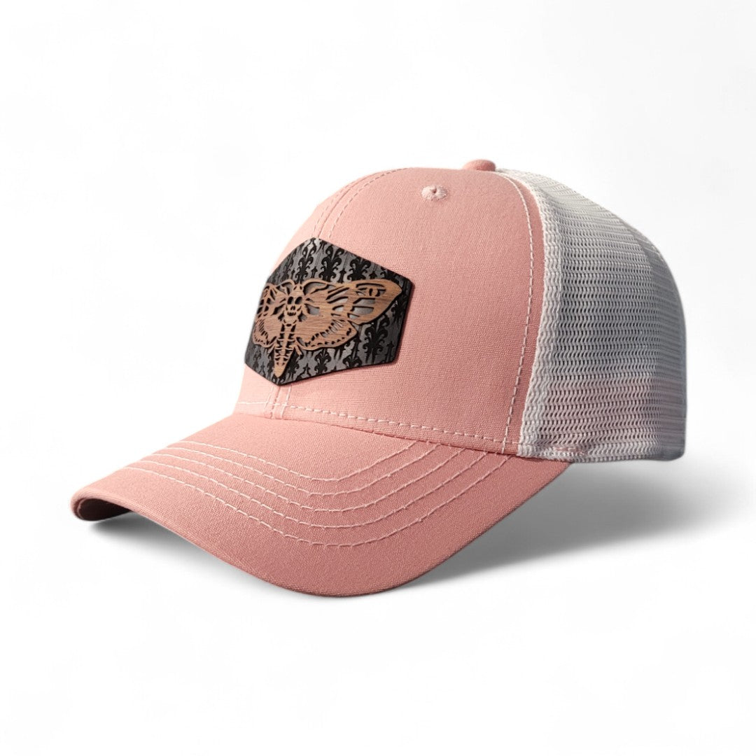 đŚMidnight Moth â Womenâs Ponytail Hat â Wooden Patch Hat