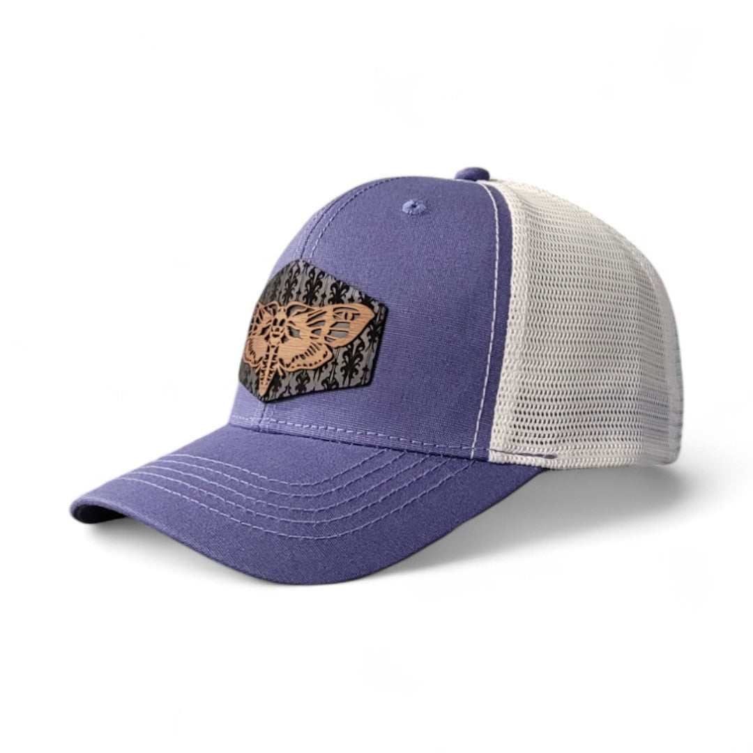 đŚMidnight Moth â Womenâs Ponytail Hat â Wooden Patch Hat