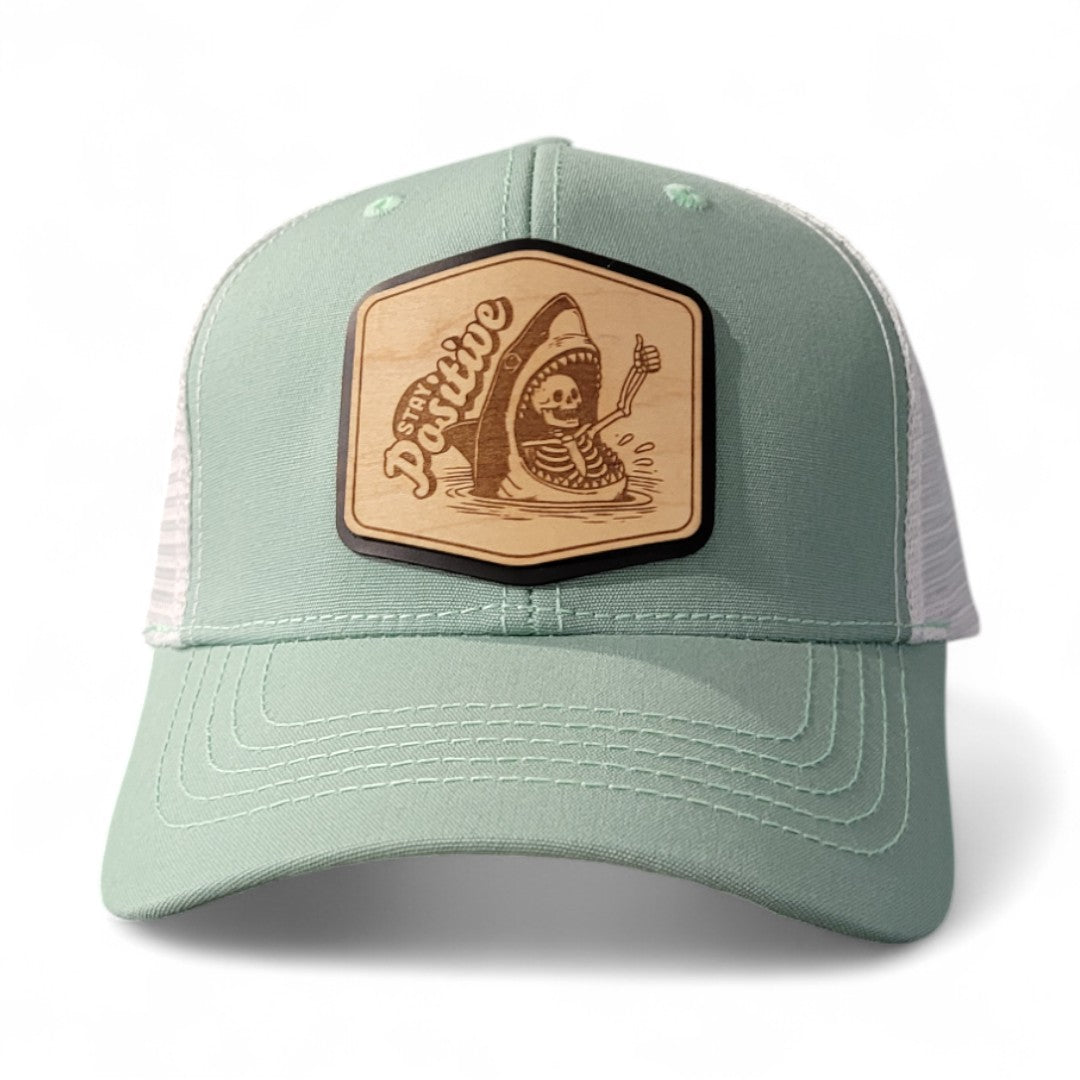 👍💀🦈Stay Positive – Women’s Ponytail Hat – Shark Wooden Patch Hat