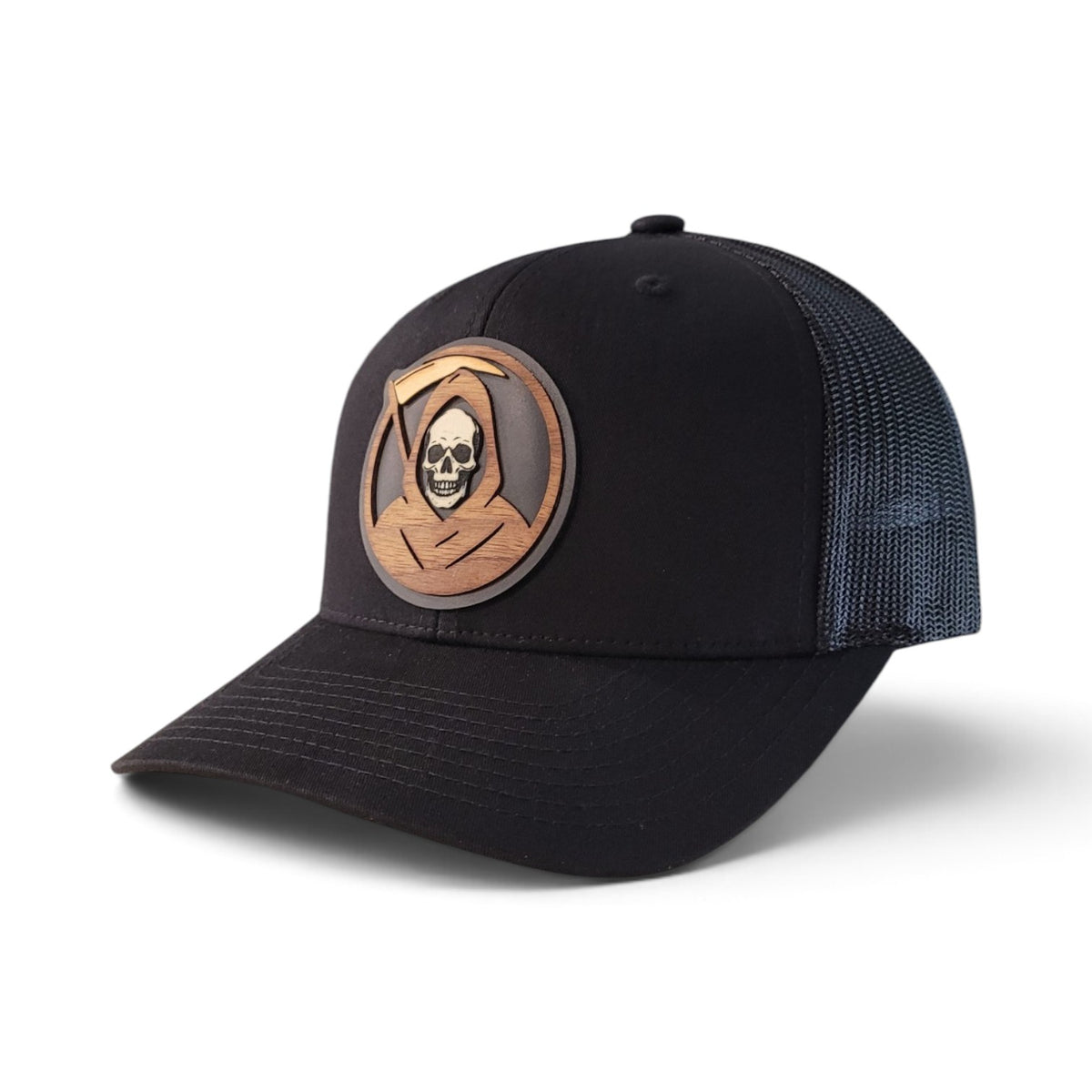 The Reaper – Glow-in-the-Dark Skull Wooden Patch Trucker Hat