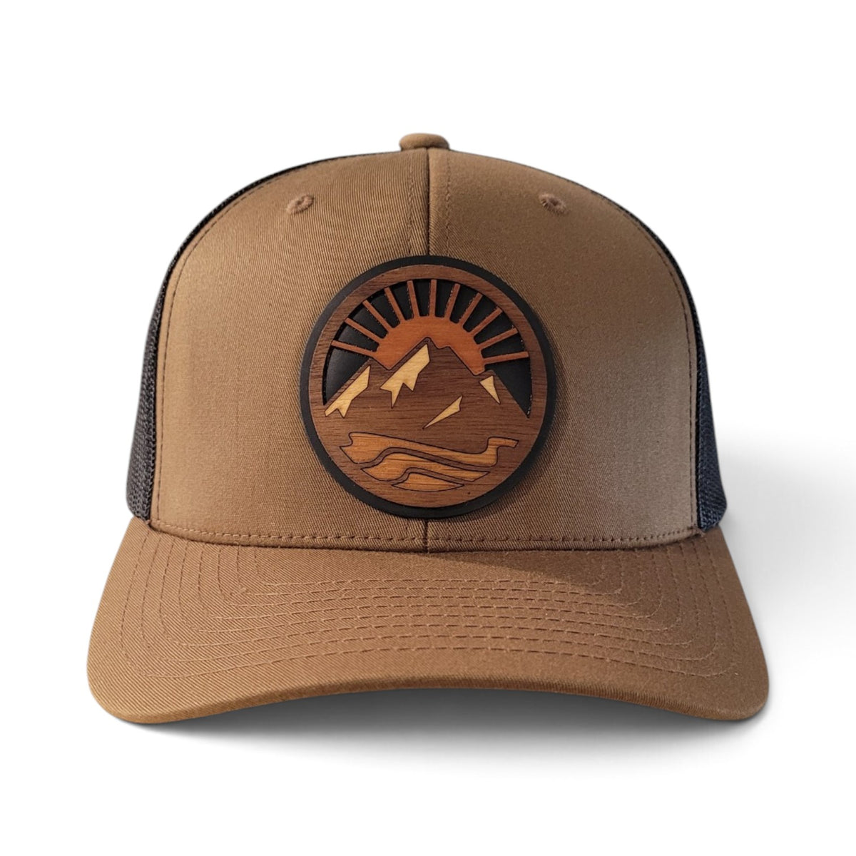 Mountain Escape - Layered Wooden Patch Trucker Hat