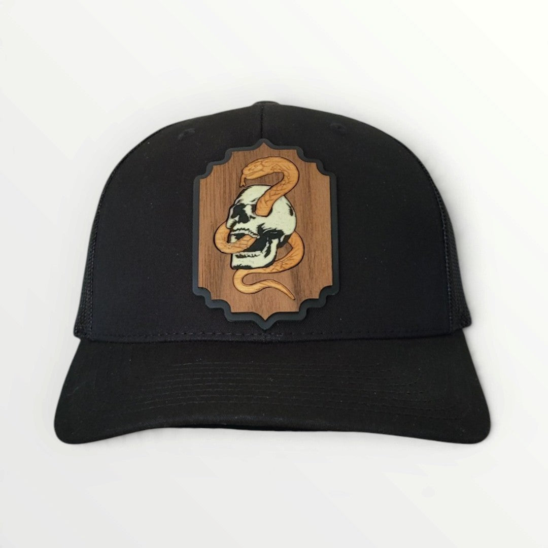 Death Coil – Glow-in-the-Dark Skull & Snake Wooden Patch Hat