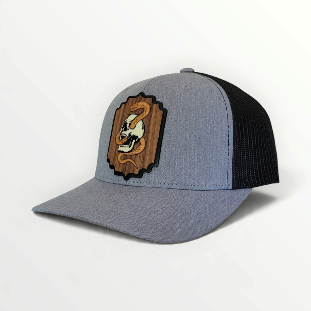 Death Coil – Glow-in-the-Dark Skull & Snake Wooden Patch Hat