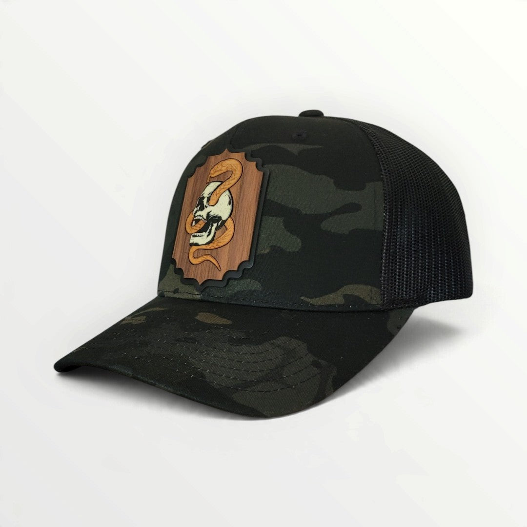 Death Coil – Glow-in-the-Dark Skull & Snake Wooden Patch Hat