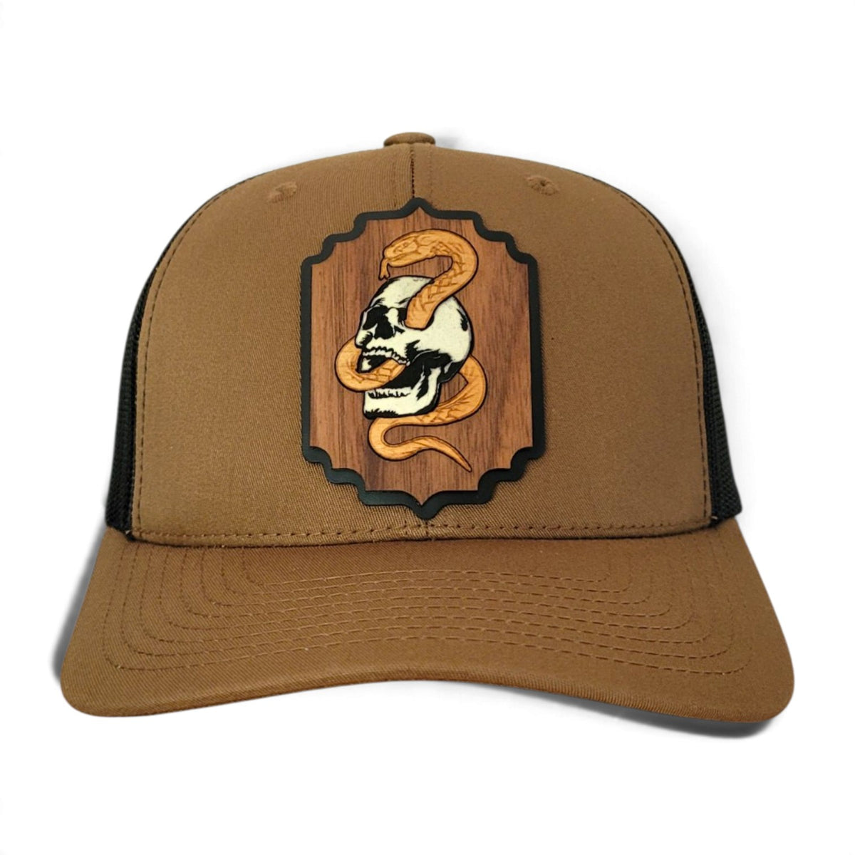 Death Coil – Glow-in-the-Dark Skull & Snake Wooden Patch Hat