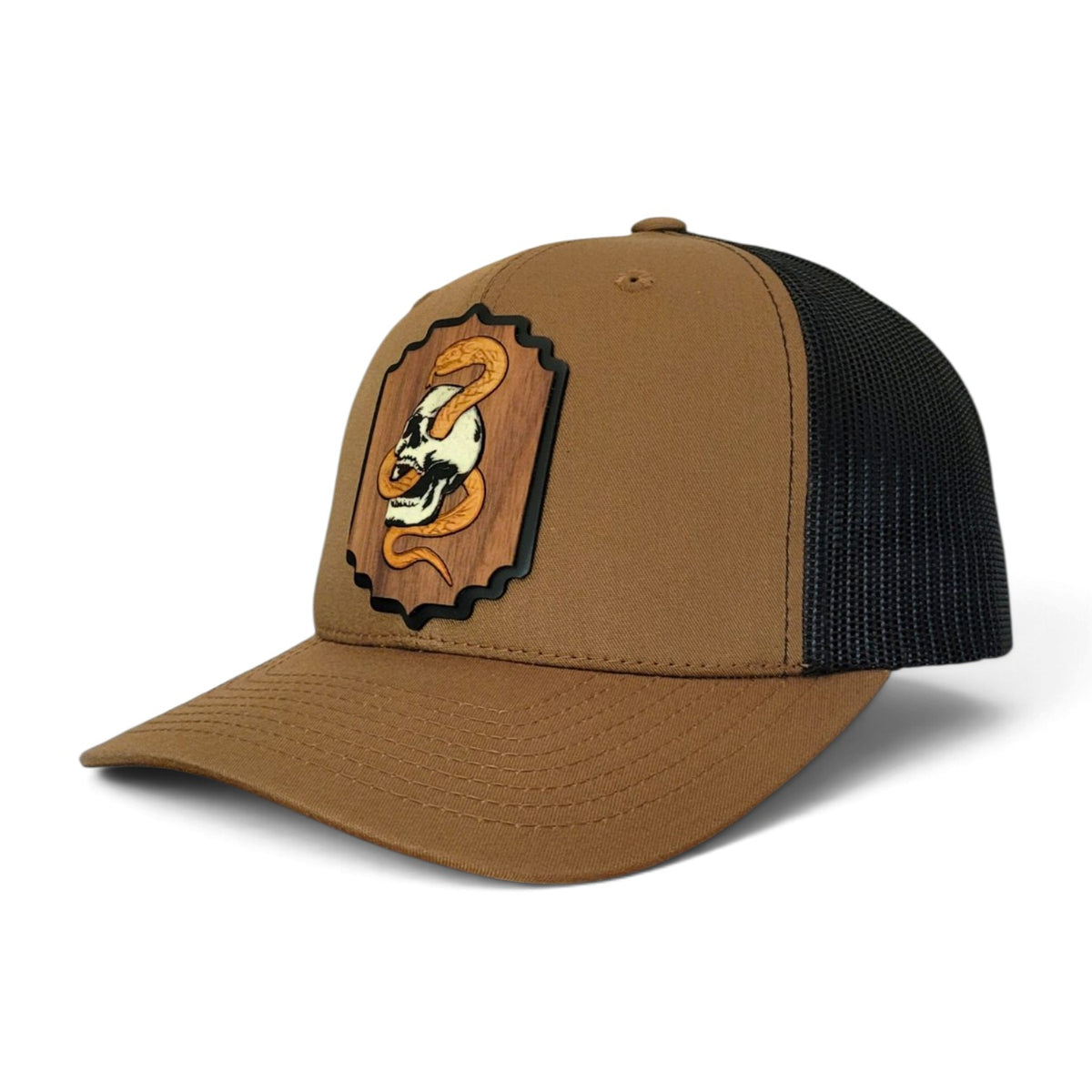 Death Coil – Glow-in-the-Dark Skull & Snake Wooden Patch Hat