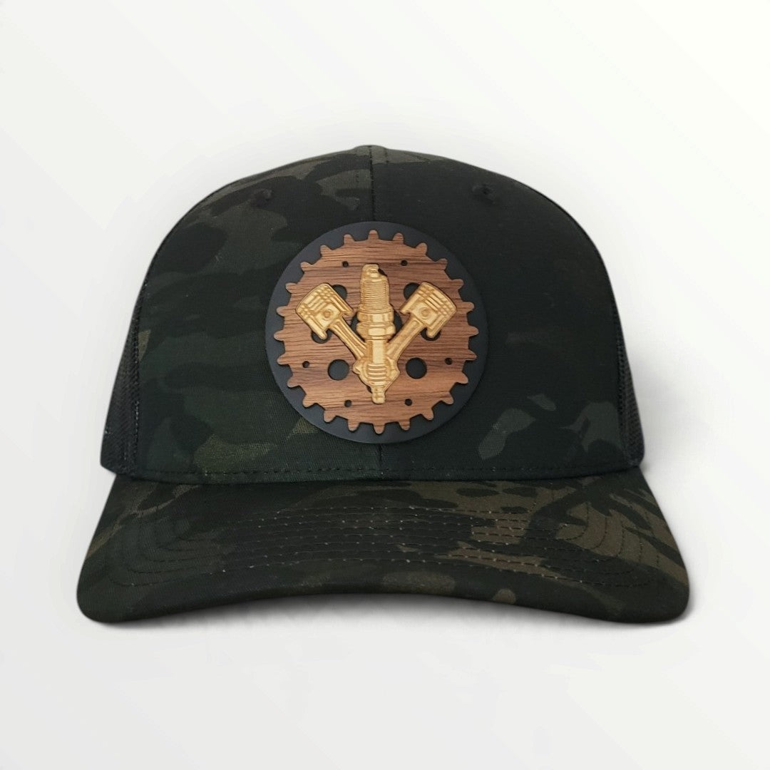 Full Throttle – Piston & Spark Plug Wooden Patch Hat