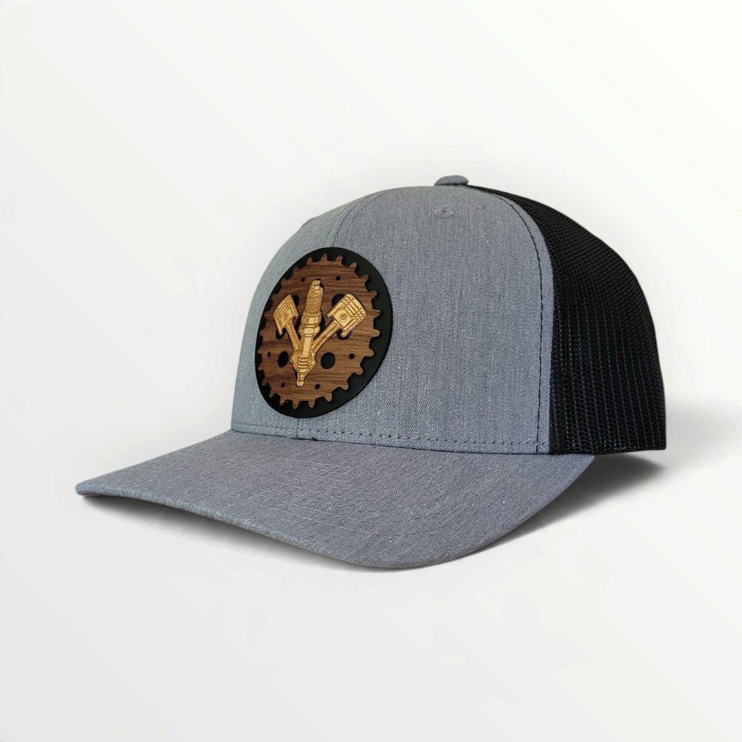 Full Throttle – Piston & Spark Plug Wooden Patch Hat