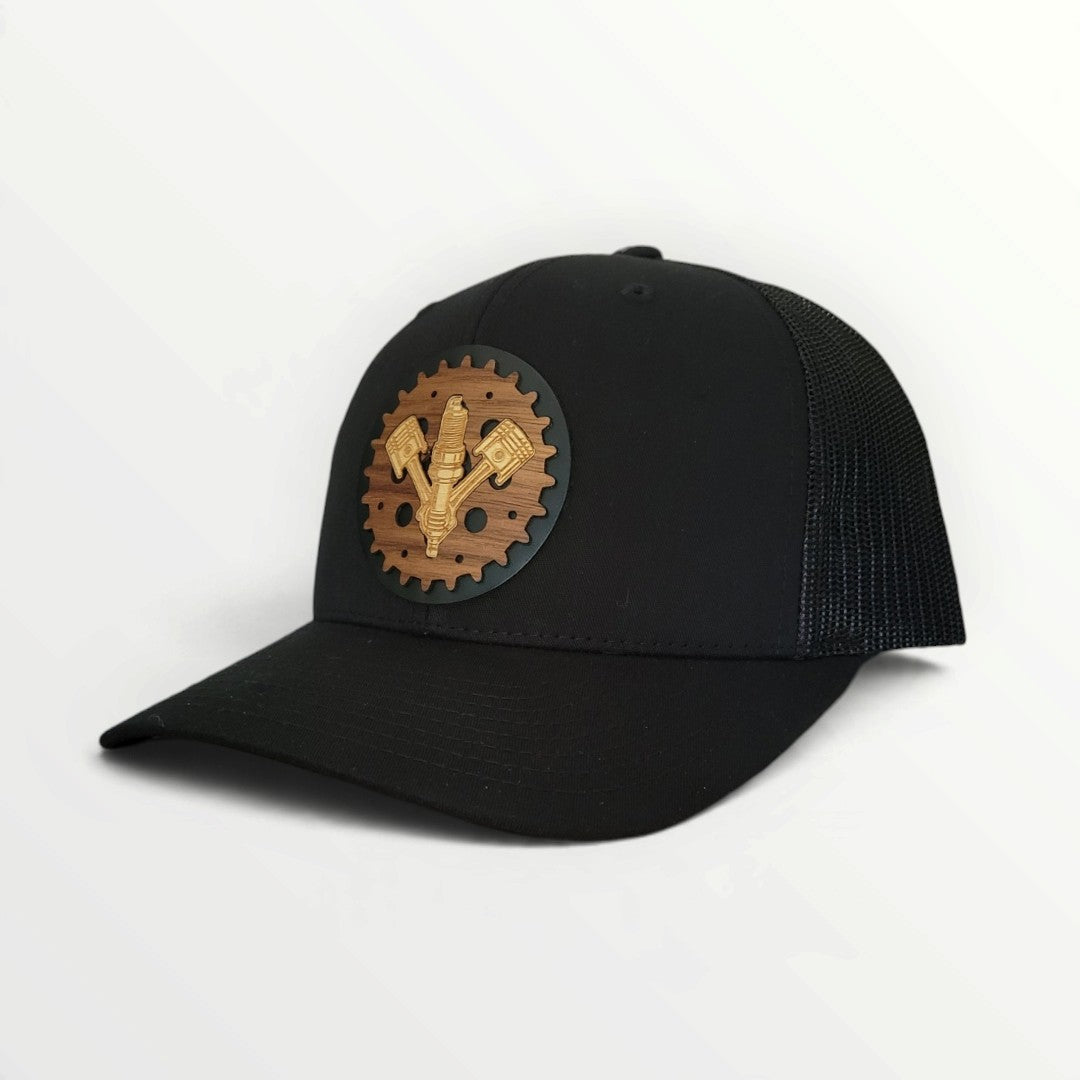 Full Throttle – Piston & Spark Plug Wooden Patch Hat