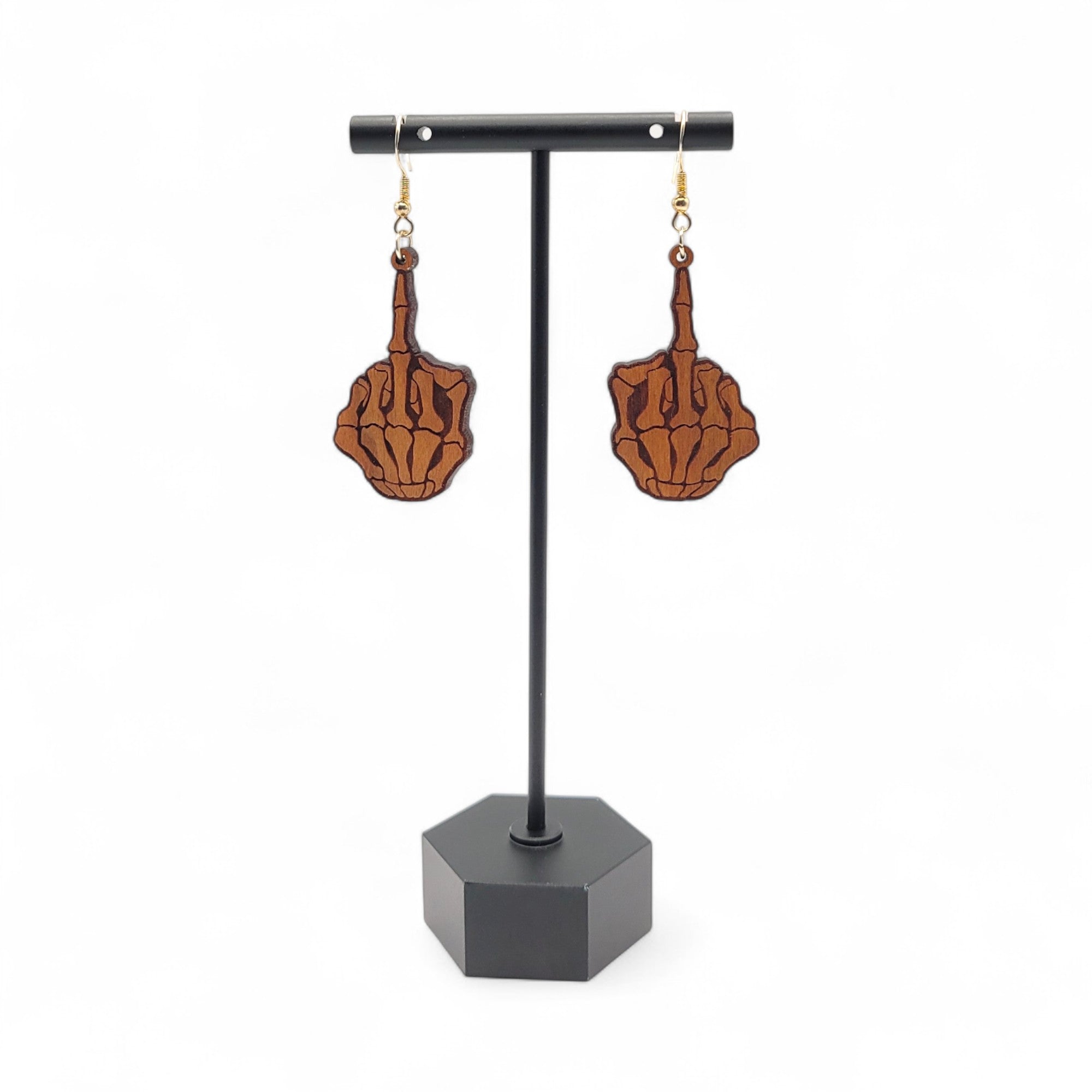 Flippin' Dead – Skeleton Middle Finger Wood Earrings - 4 Arrows Creations
