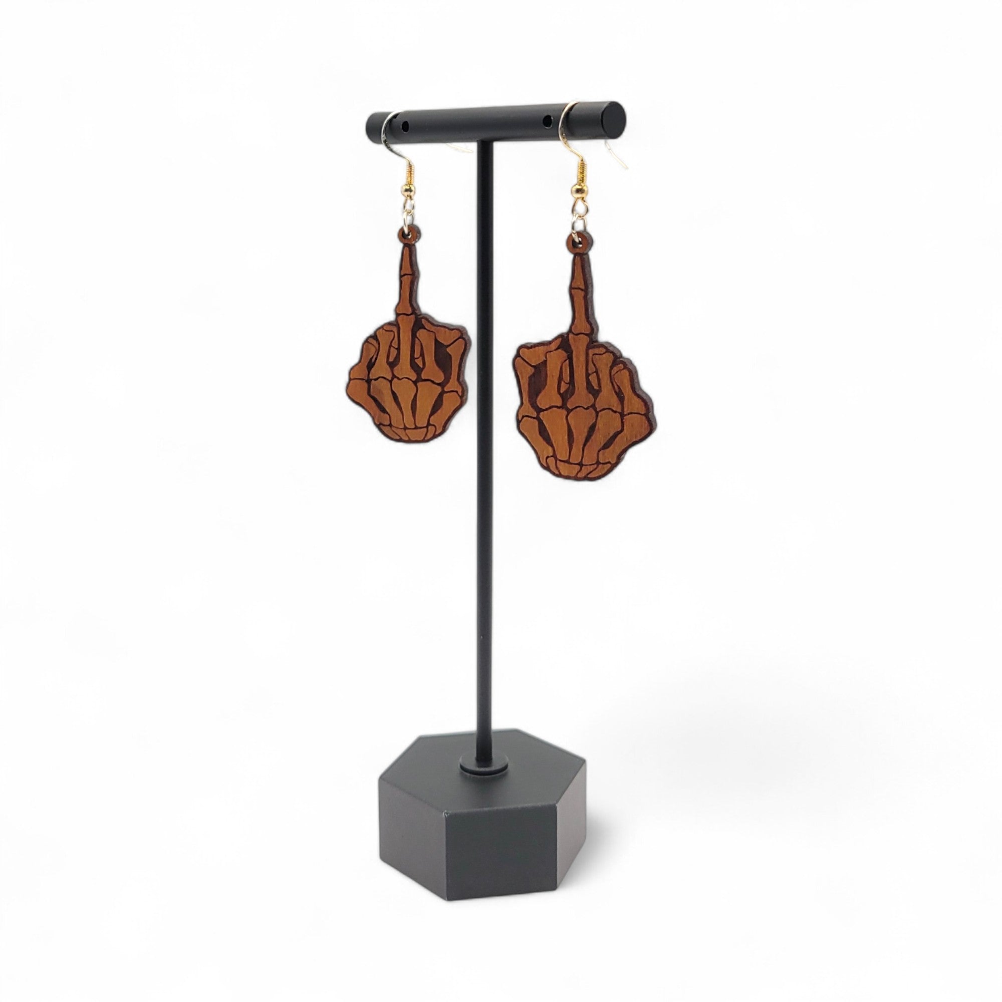 Flippin' Dead – Skeleton Middle Finger Wood Earrings - 4 Arrows Creations
