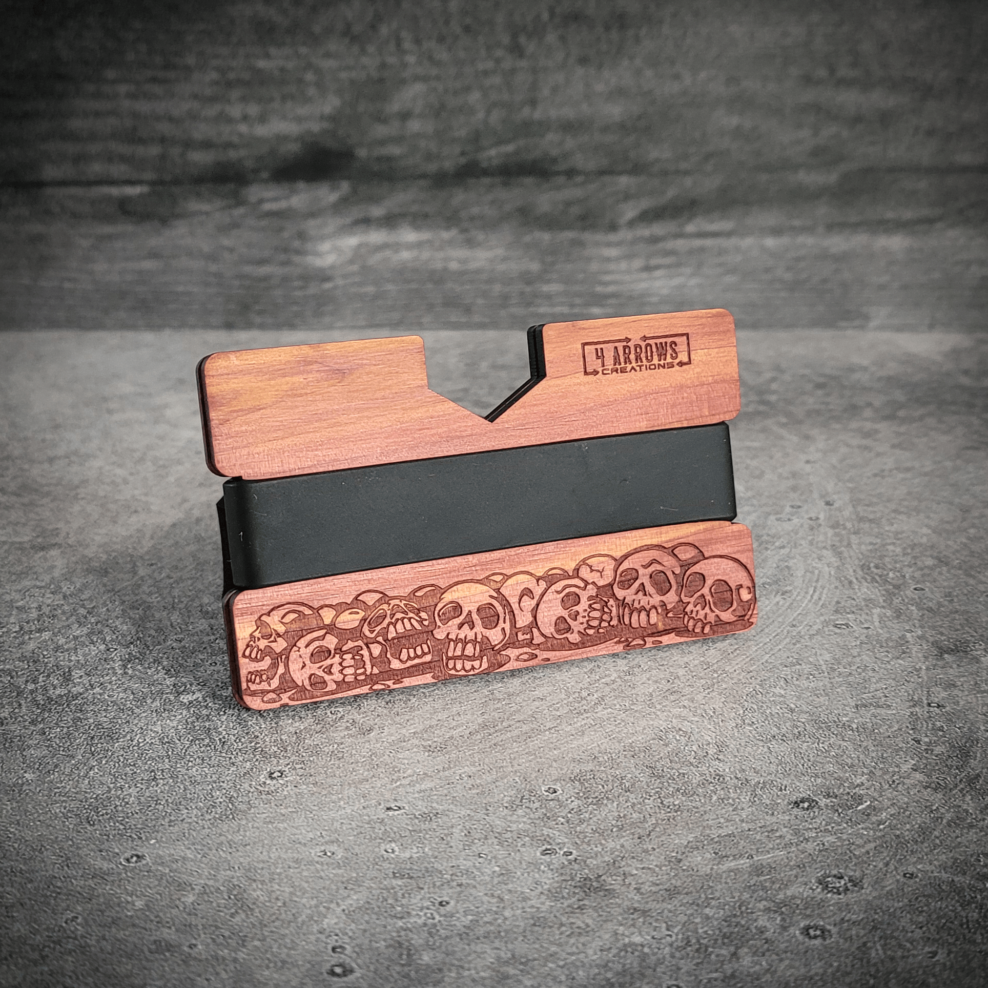 Skull & Timber – Engraved Wooden Wallet - 4 Arrows Creations