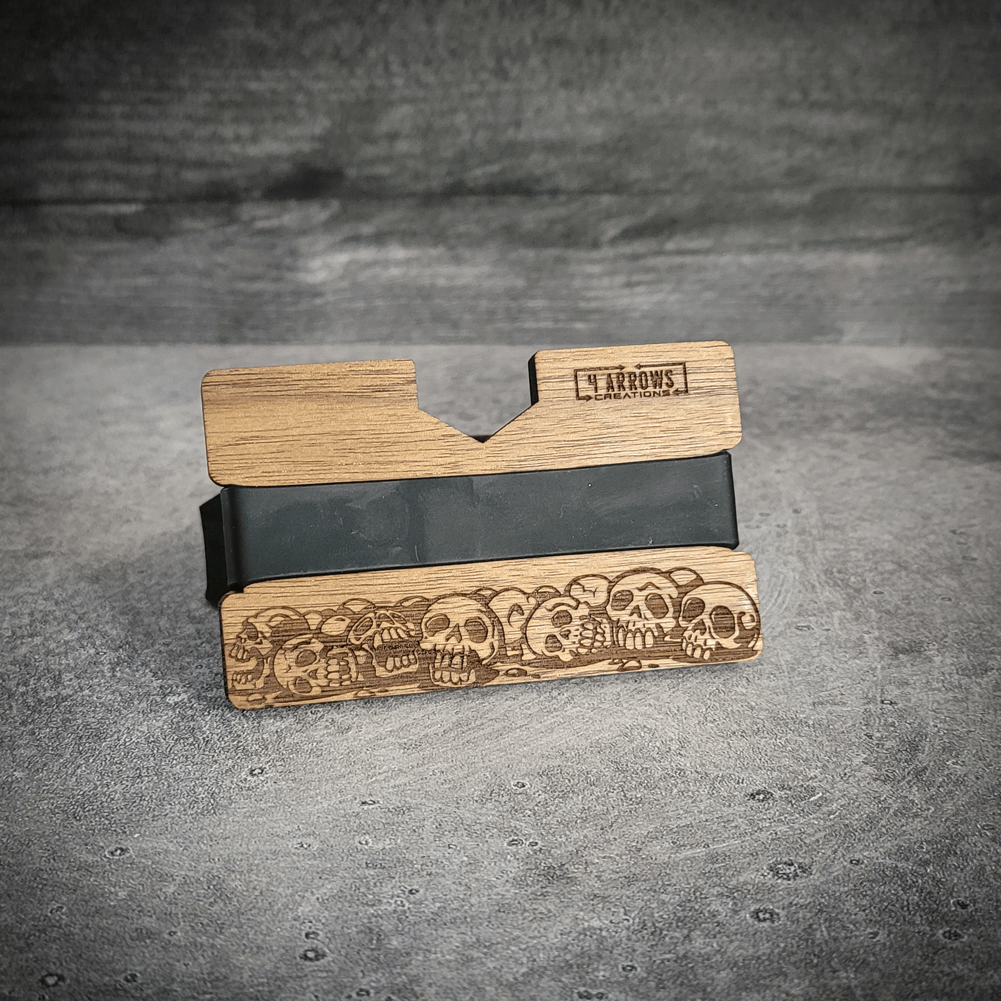 Skull & Timber – Engraved Wooden Wallet - 4 Arrows Creations