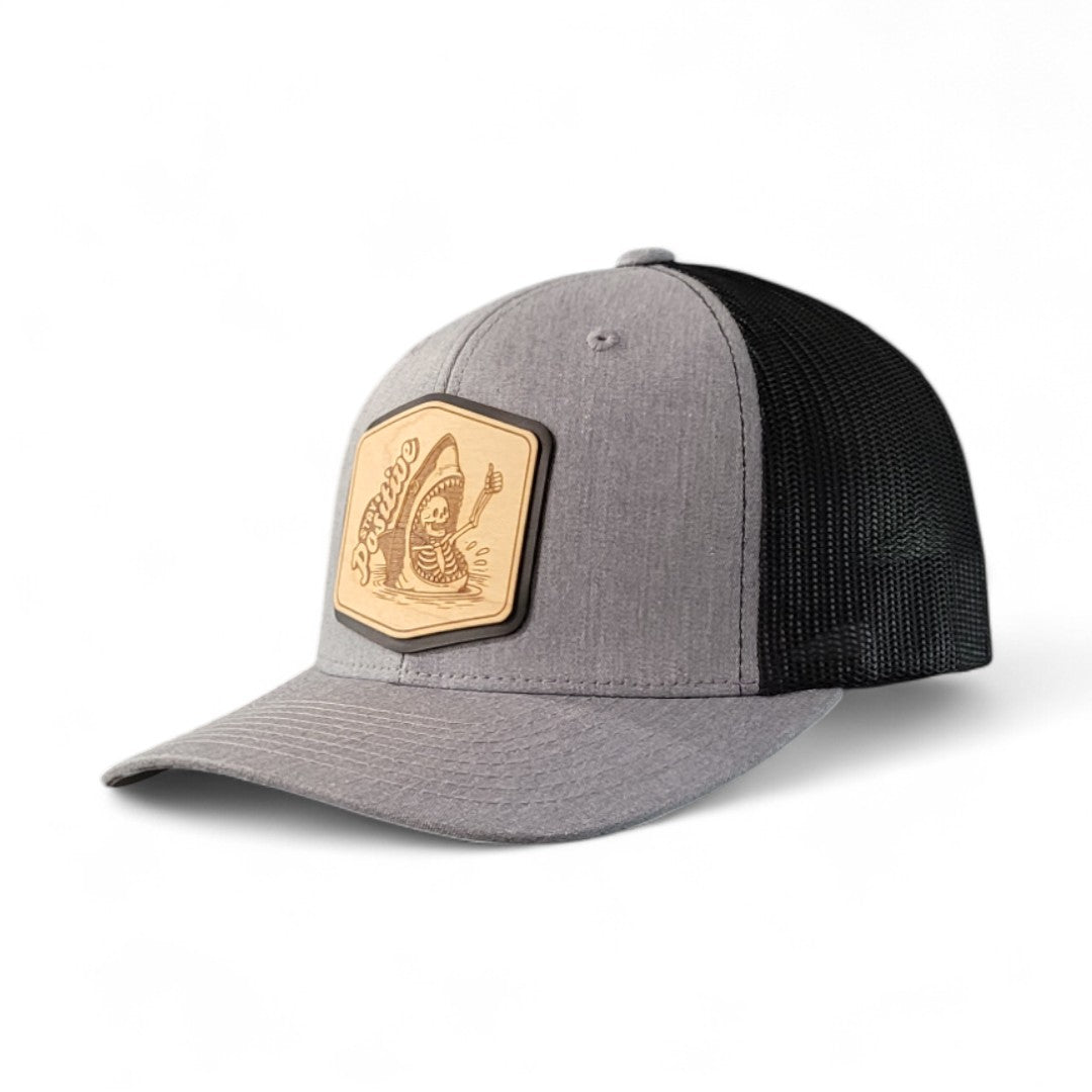 Stay Positive – Skeleton & Shark Wooden Patch Hat - 4 Arrows Creations