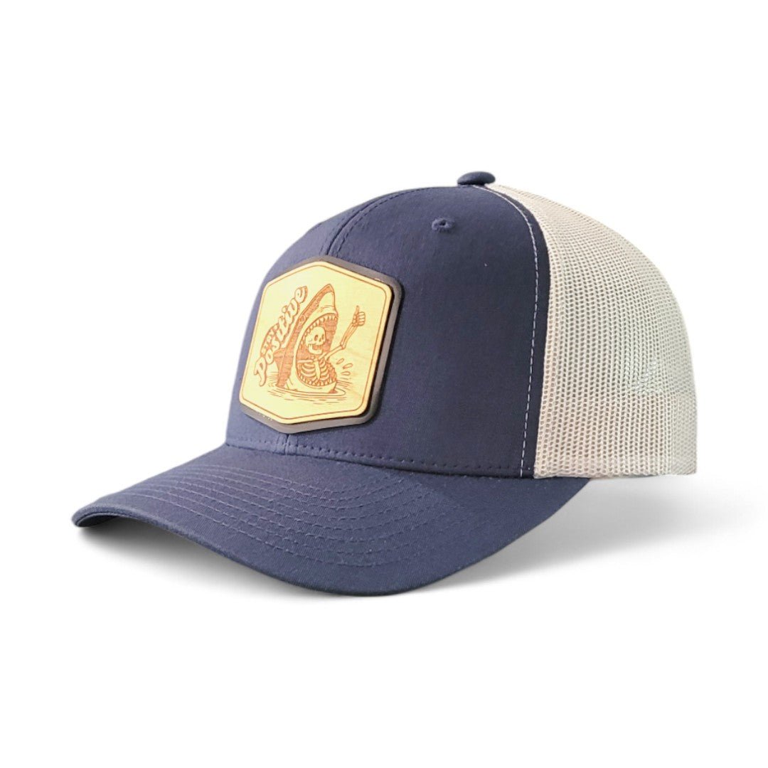 Stay Positive – Skeleton & Shark Wooden Patch Hat - 4 Arrows Creations