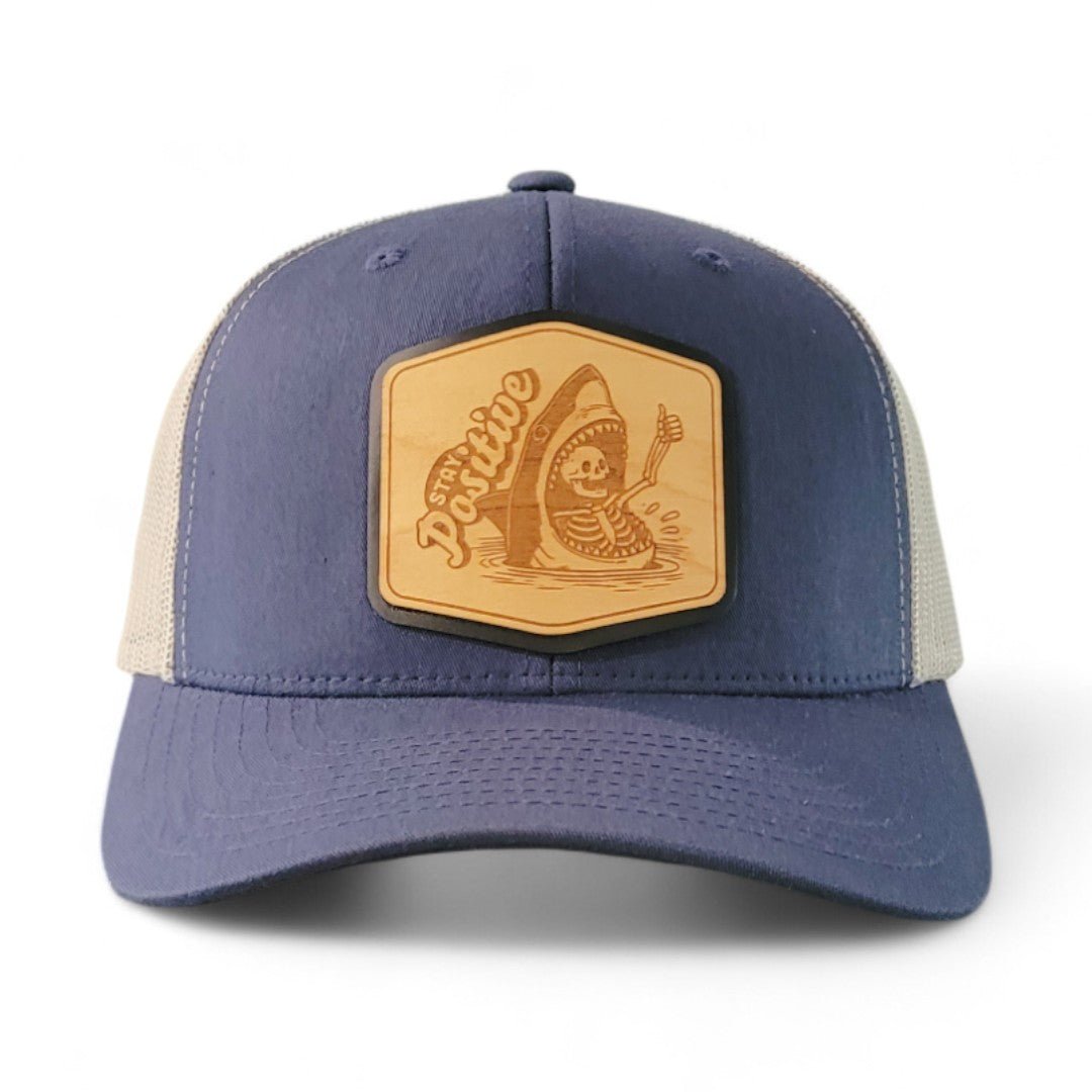 Stay Positive – Skeleton & Shark Wooden Patch Hat - 4 Arrows Creations