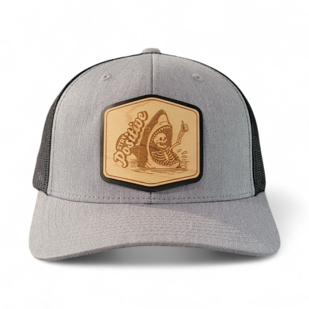 Stay Positive – Skeleton & Shark Wooden Patch Hat - 4 Arrows Creations