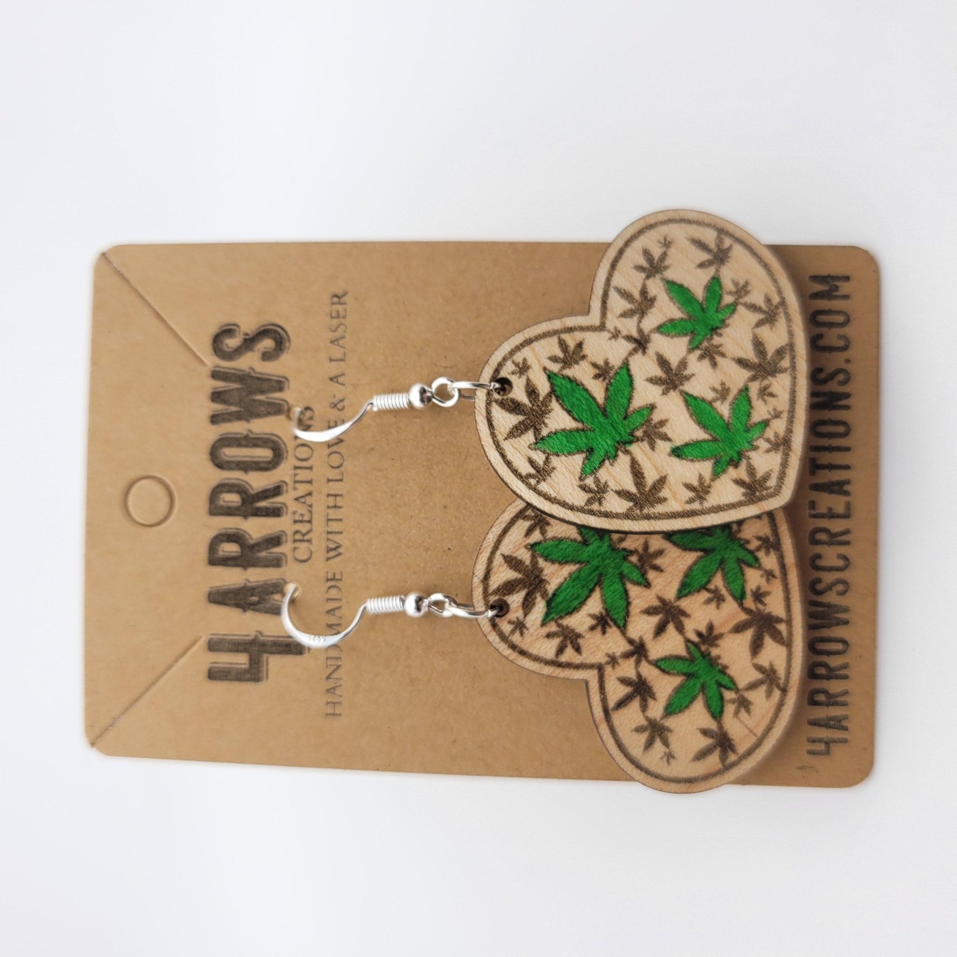 Hand Painted Heart Weed Leaf Wood Dangle Earrings - 4 Arrows Creations