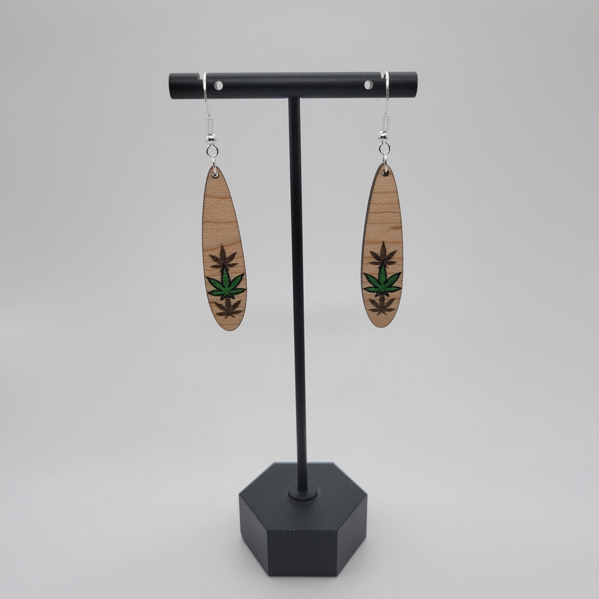 Hand Painted Weed Leaf Wood Dangle Earrings - 4 Arrows Creations
