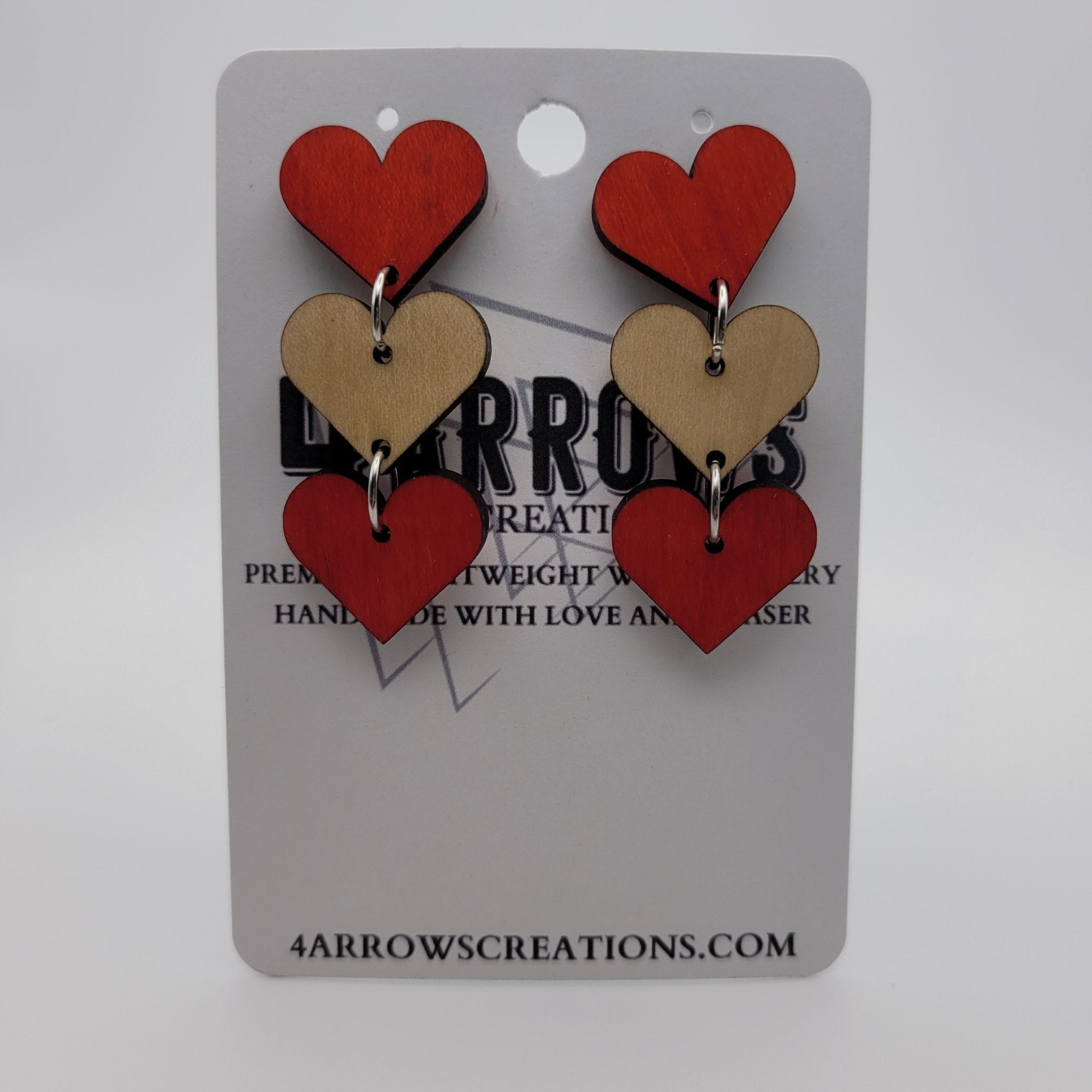 Hand Painted Wood Heart Dangle Earrings - 4 Arrows Creations