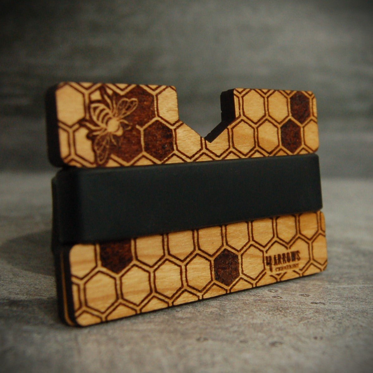🍯 The Hivekeeper – Bee & Honeycomb Engraved Wooden Wallet - 4 Arrows Creations