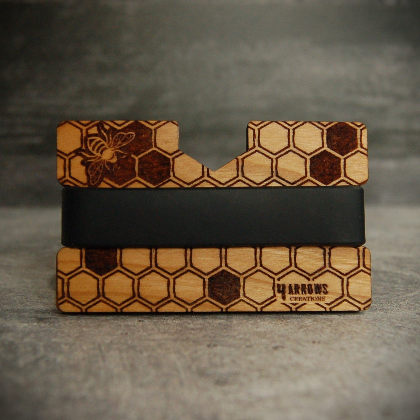 🍯 The Hivekeeper – Bee & Honeycomb Engraved Wooden Wallet - 4 Arrows Creations