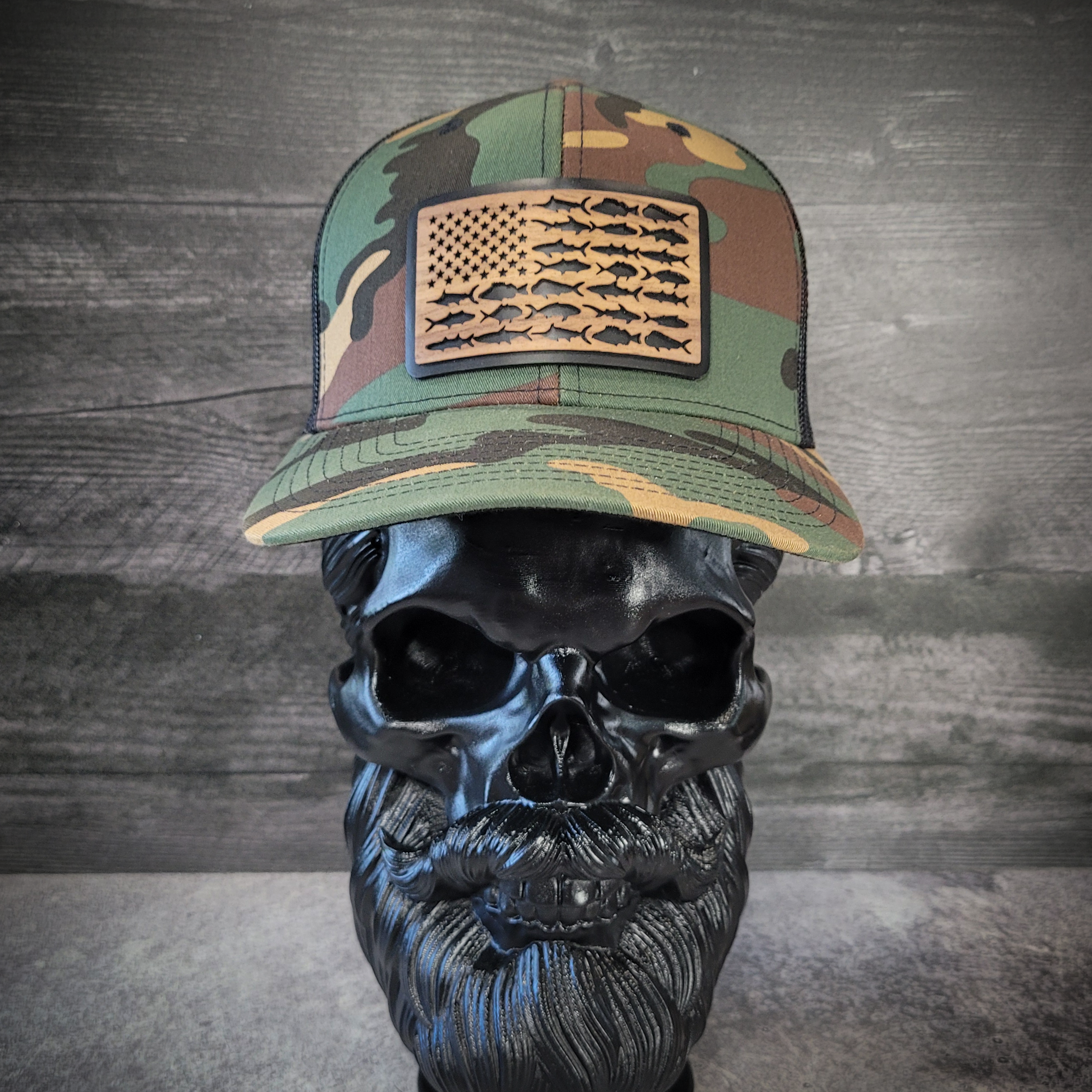 🎣 The American Angler – Wooden Patch Trucker Hat