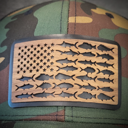 🎣 The American Angler – Wooden Patch Trucker Hat